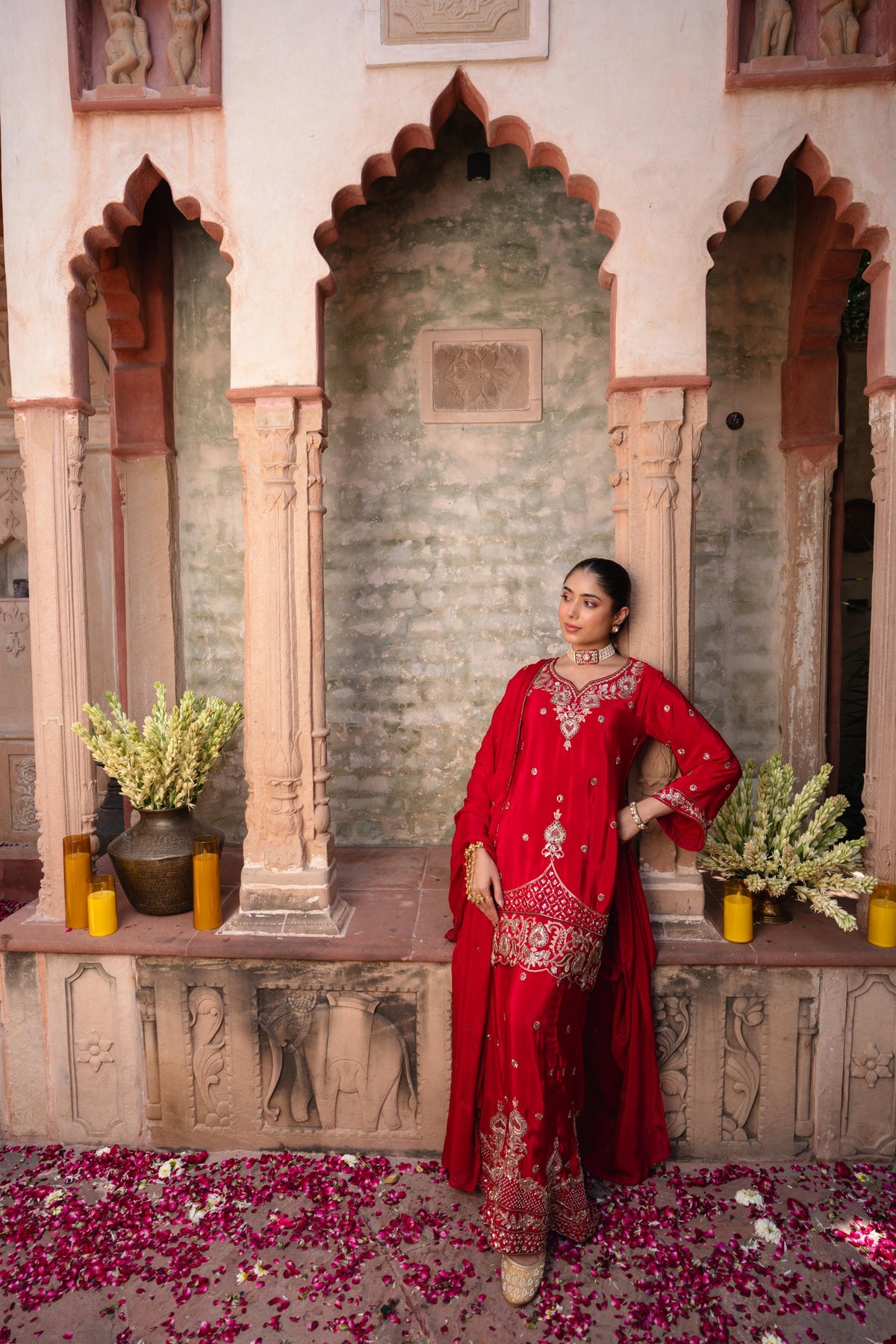 Festive Red Embellished Crepe Silk Palazzo Set