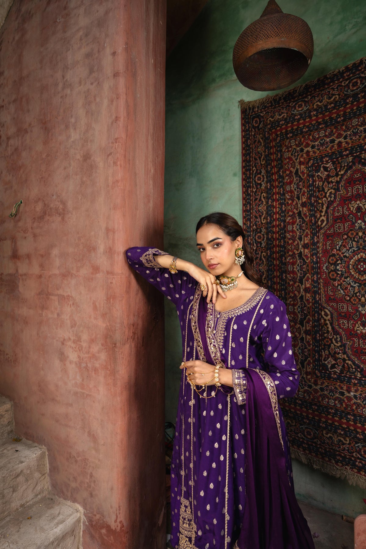 Royal Purple Embellished Brocade Silk Anarkali Set