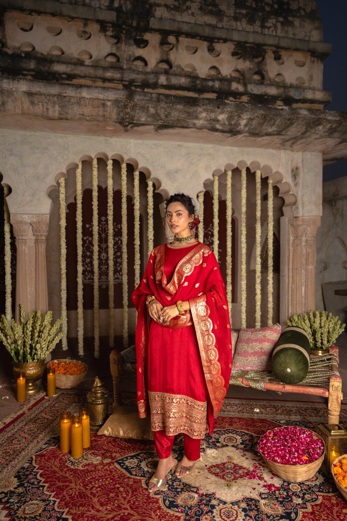 Crimson Red Embellished Tissue Silk Pant Set