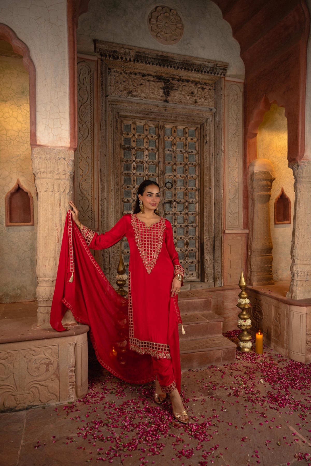 Vibrant Raspberry Embellished Crepe Silk Pant Set