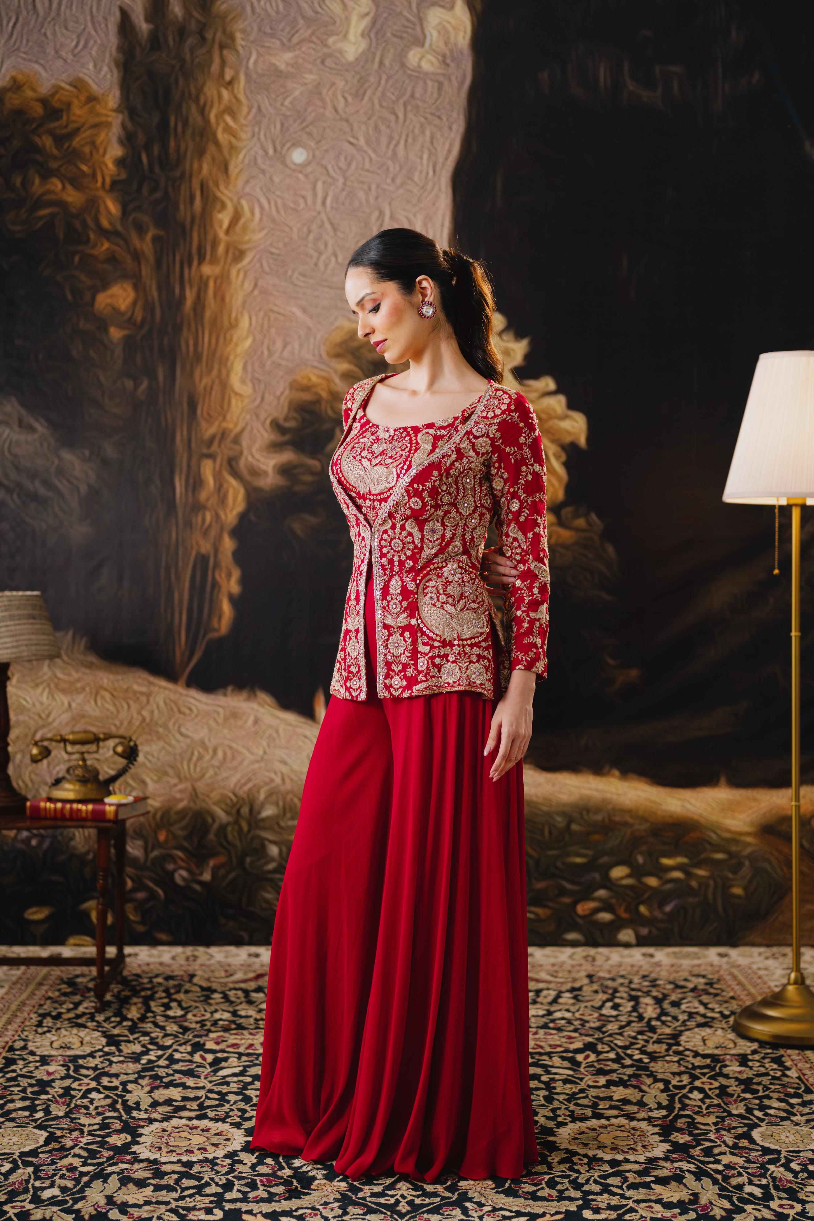 Crimson Royale Embroidered Jacket Palazzo Set