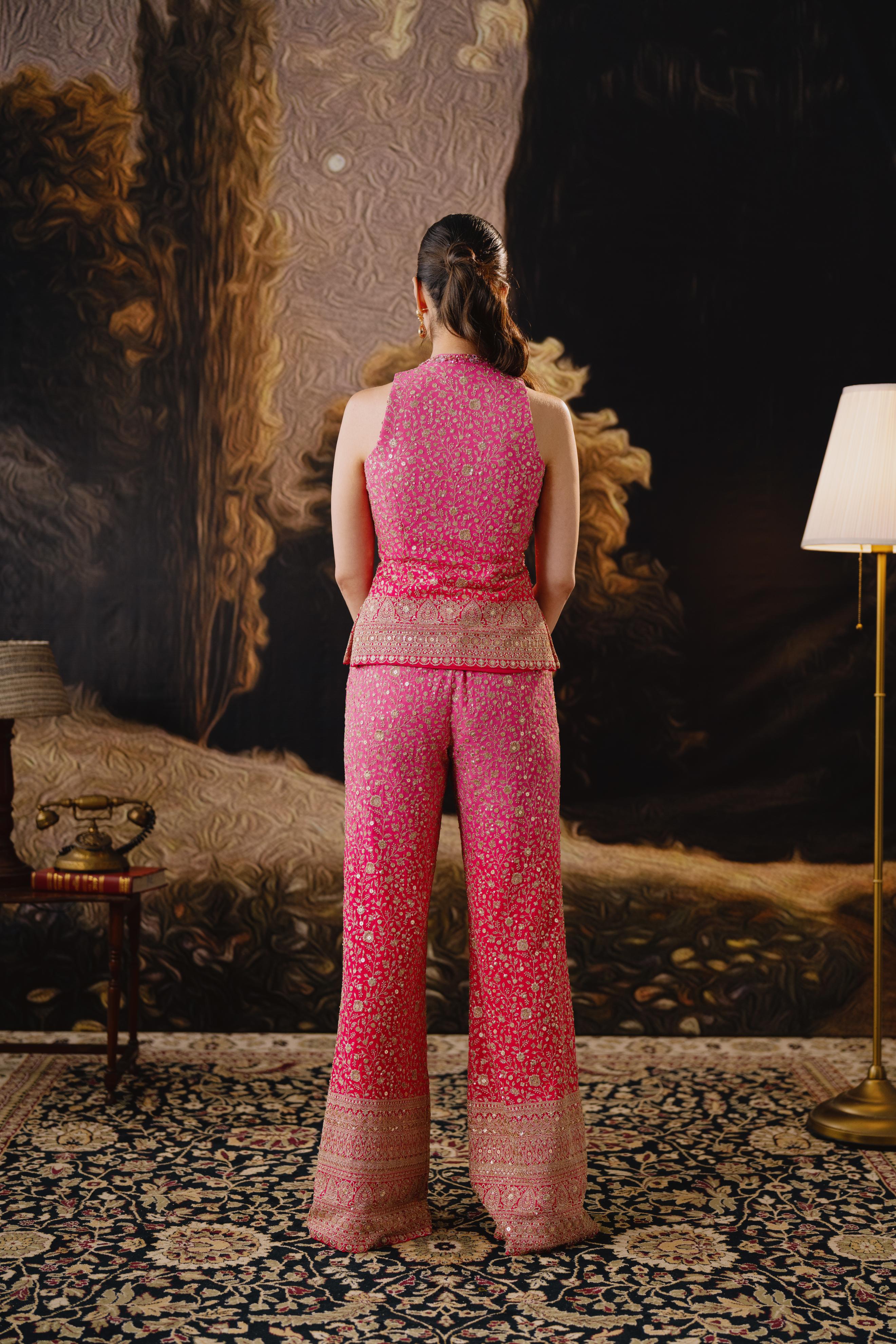 Pink Embellished Sleeveless Palazzo Set