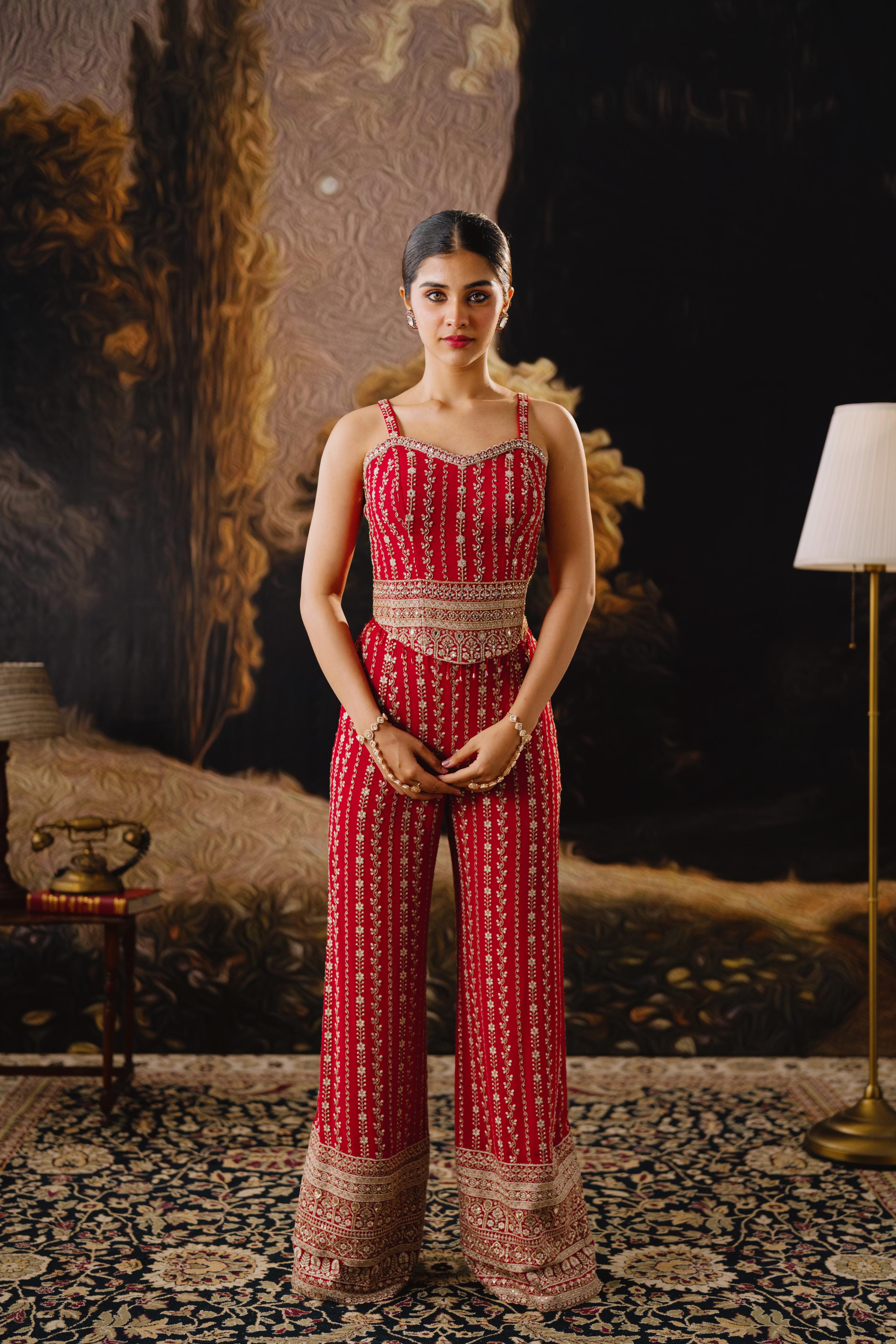 Crimson Zari Embroidered Palazzo Set