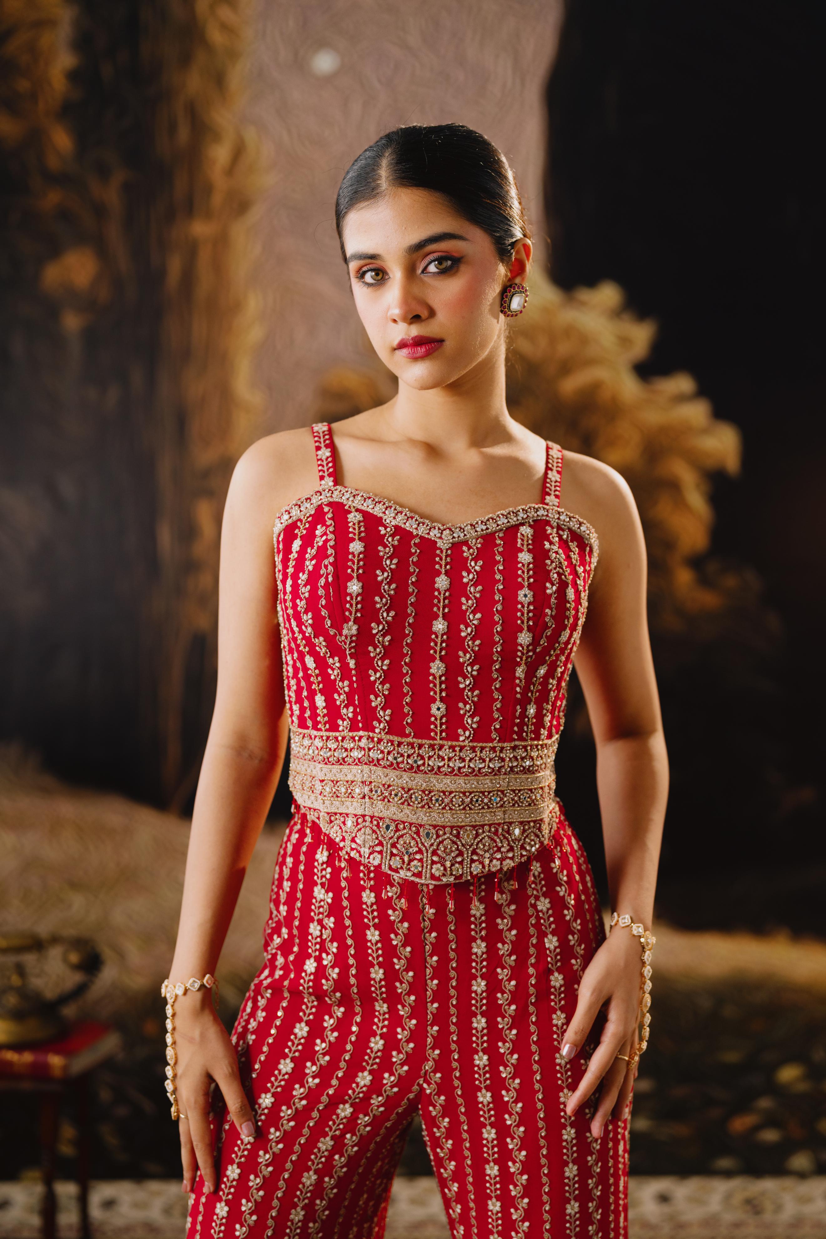Crimson Zari Embroidered Palazzo Set