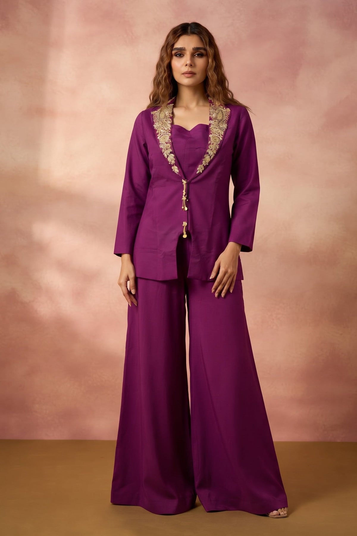 Deep Wine Embellished Dola Silk Palazzo Set