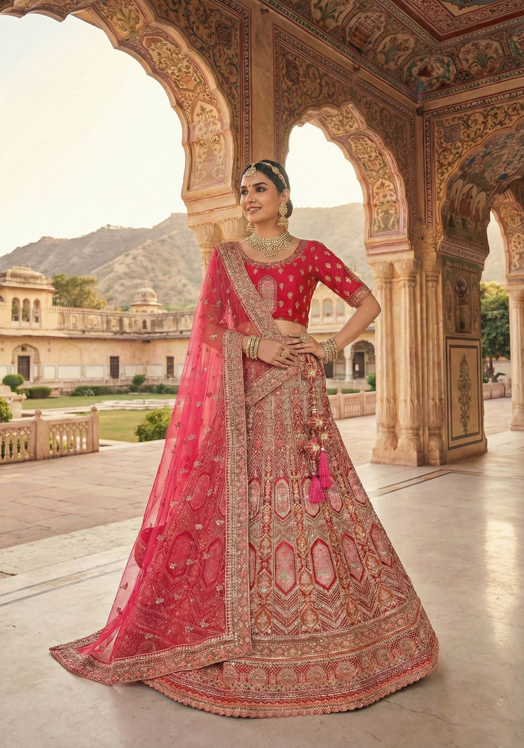 Rani Red Embellished Premium Velvet Lehenga Set