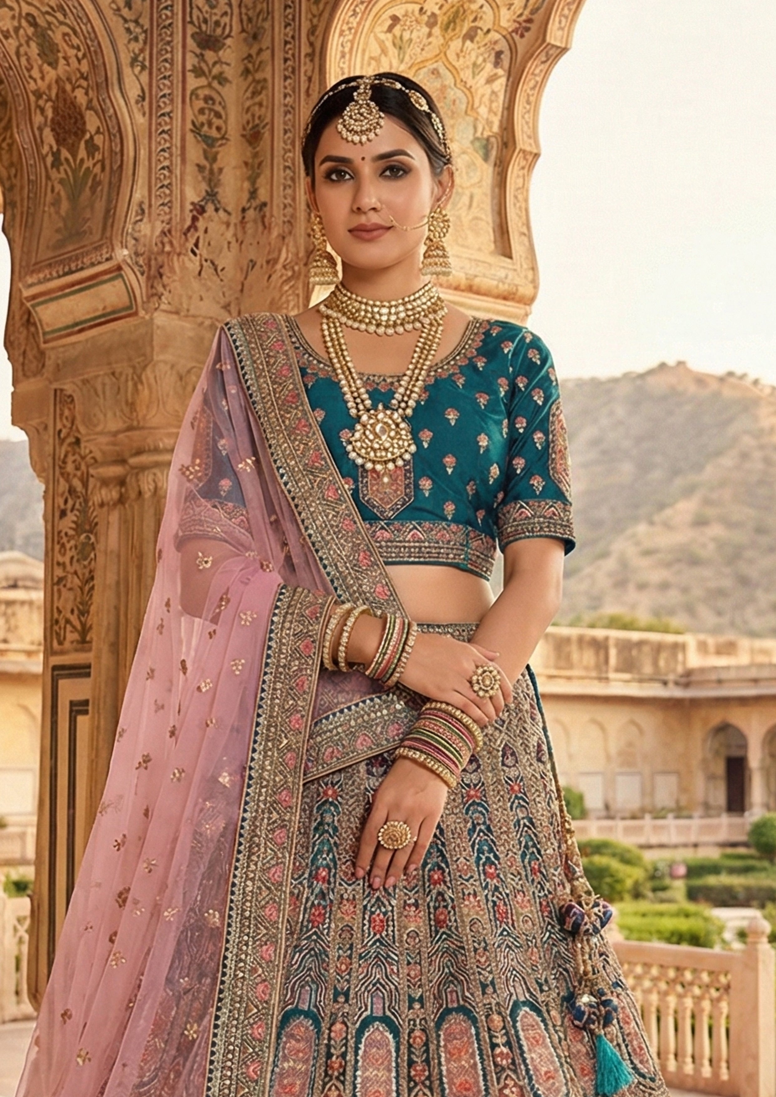 Peacock Teal Embellished Premium Velvet Lehenga Set