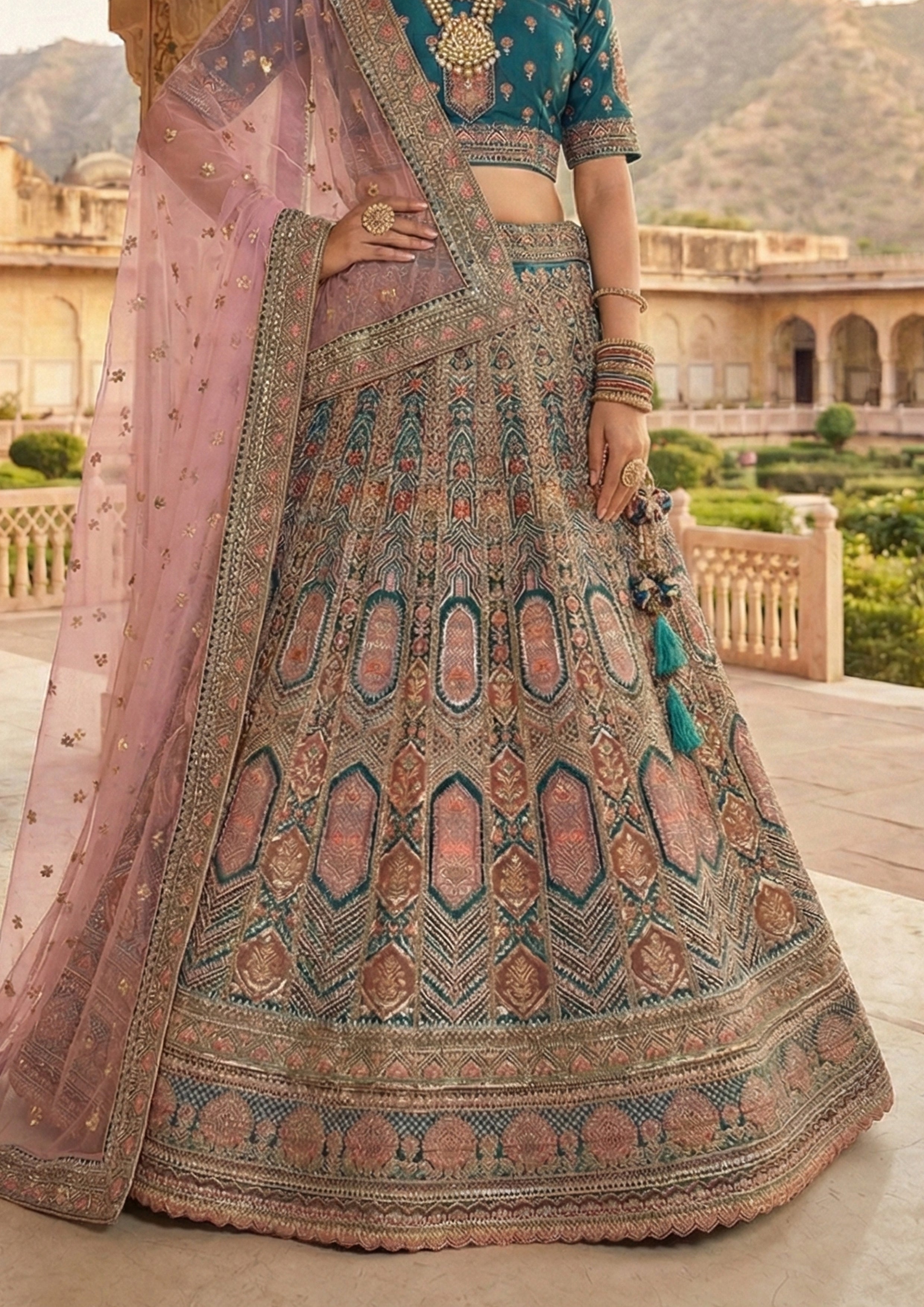 Peacock Teal Embellished Premium Velvet Lehenga Set