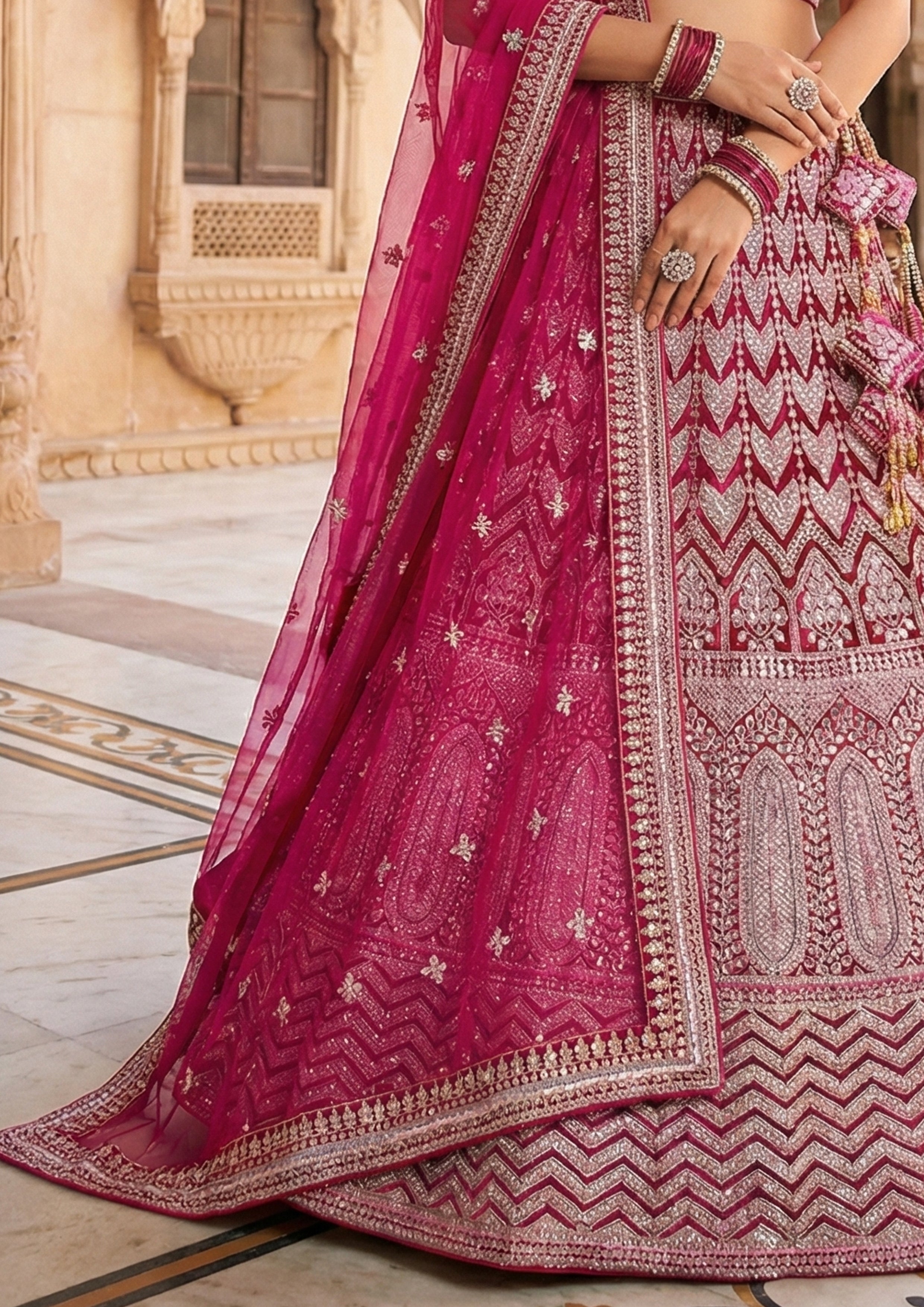 Rani Pink Embellished Premium Velvet Lehenga Set