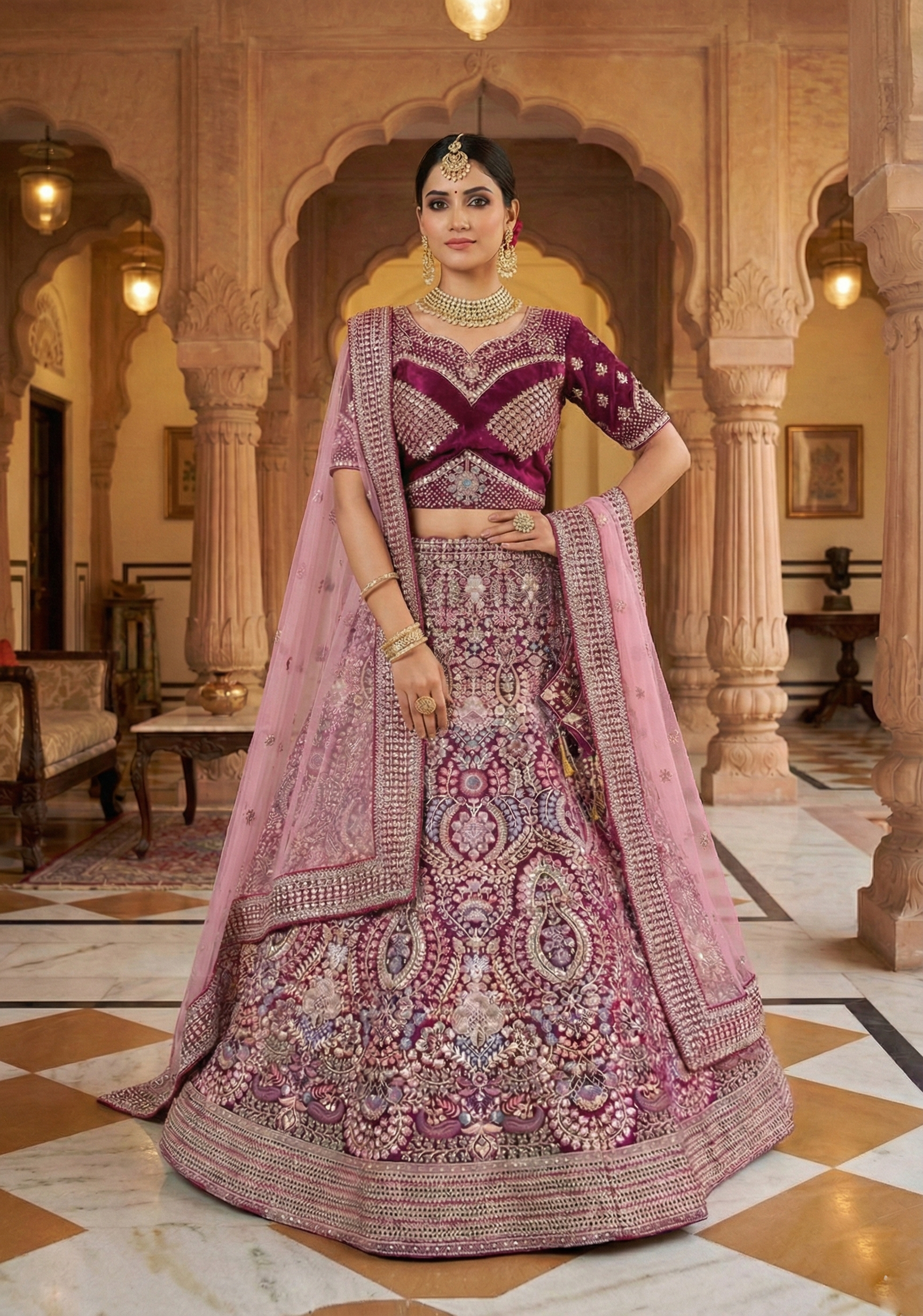 Wine Maroon Embellished Premium Velvet Lehenga Set