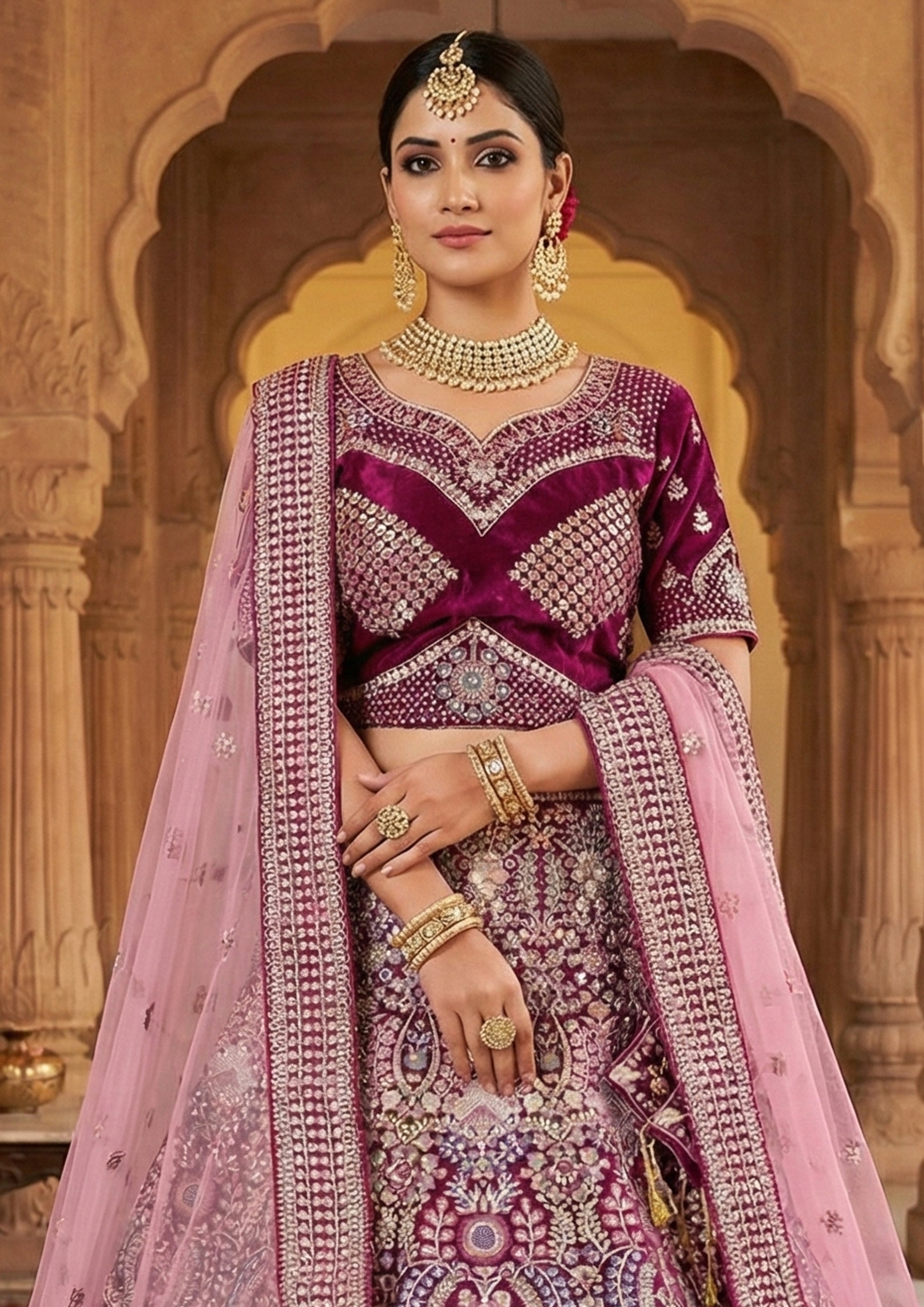 Wine Maroon Embellished Premium Velvet Lehenga Set