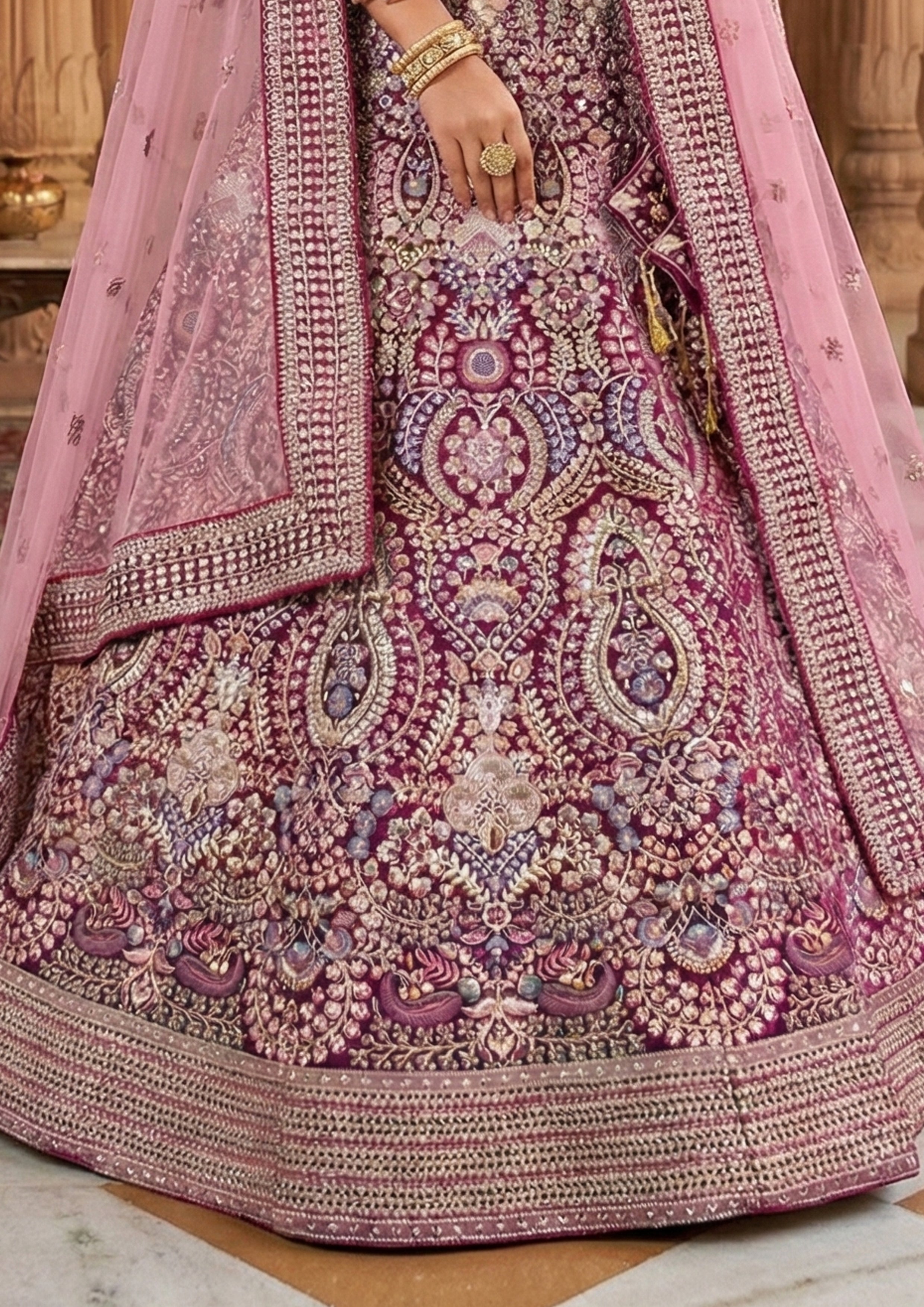 Wine Maroon Embellished Premium Velvet Lehenga Set