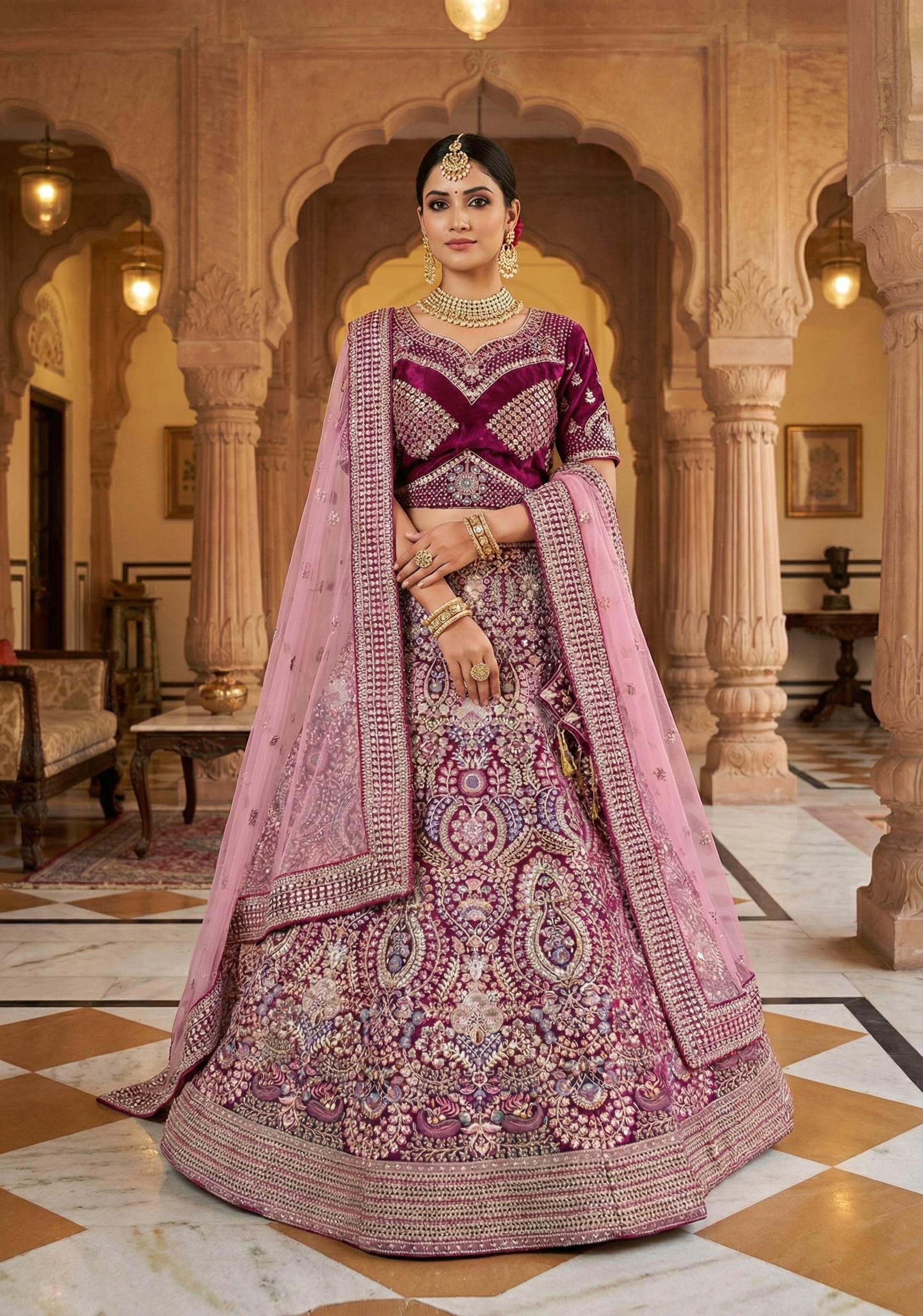 Wine Maroon Embellished Premium Velvet Lehenga Set