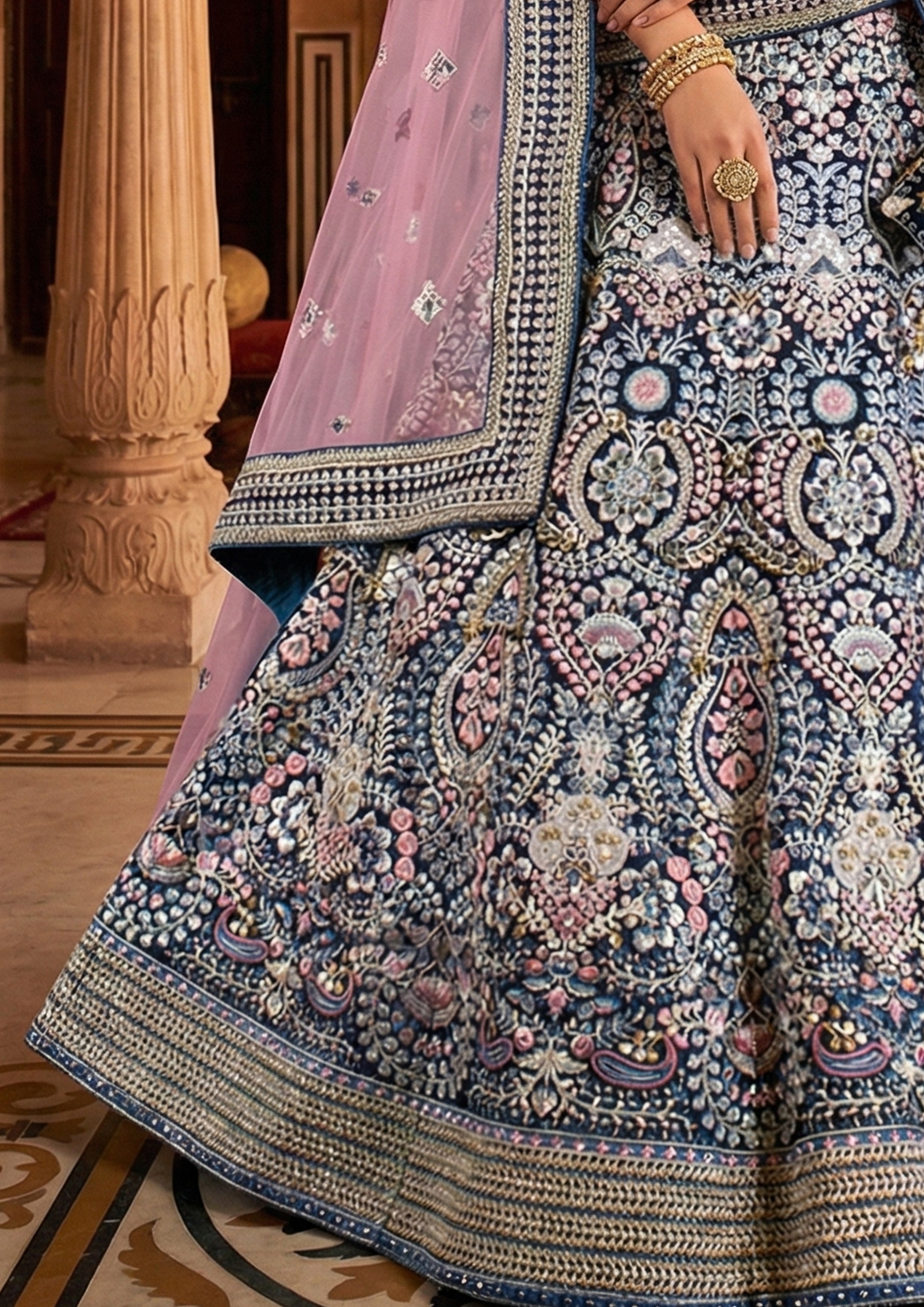 Dark Teal Embellished Premium Velvet Lehenga Set