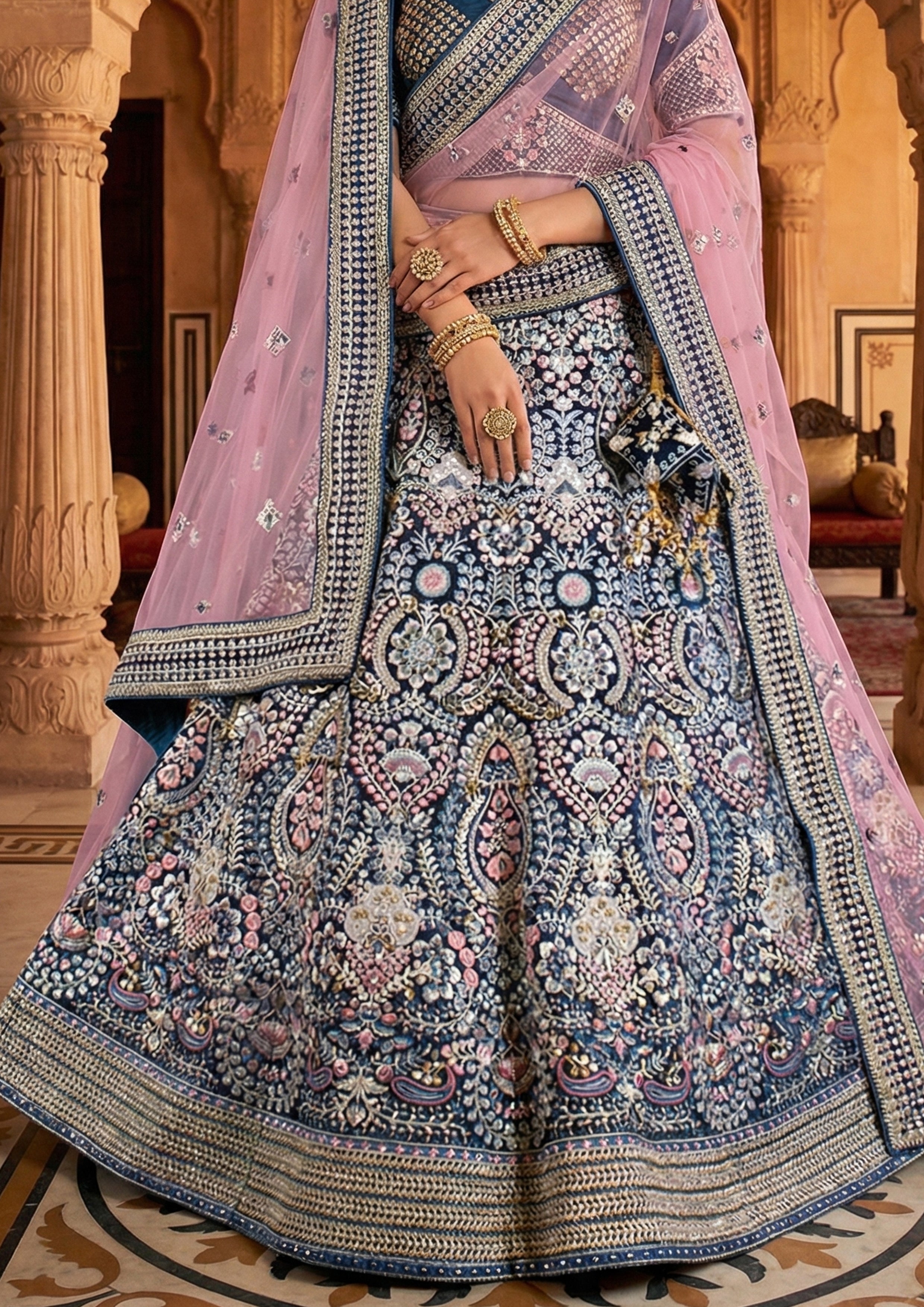 Dark Teal Embellished Premium Velvet Lehenga Set