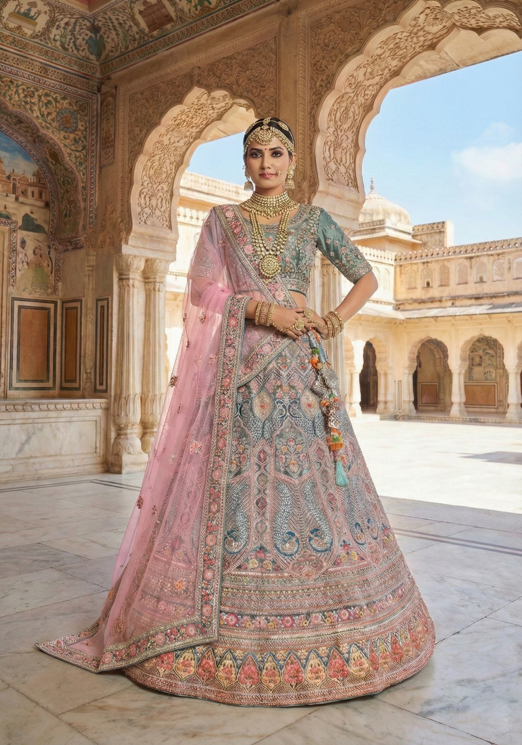 Teal Blush Embellished Premium Velvet Lehenga Set