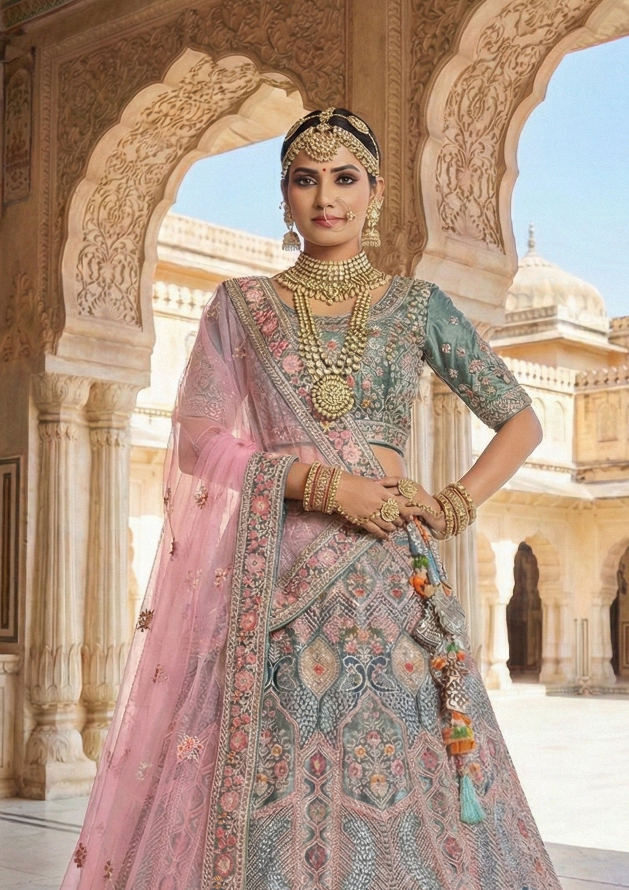 Teal Blush Embellished Premium Velvet Lehenga Set