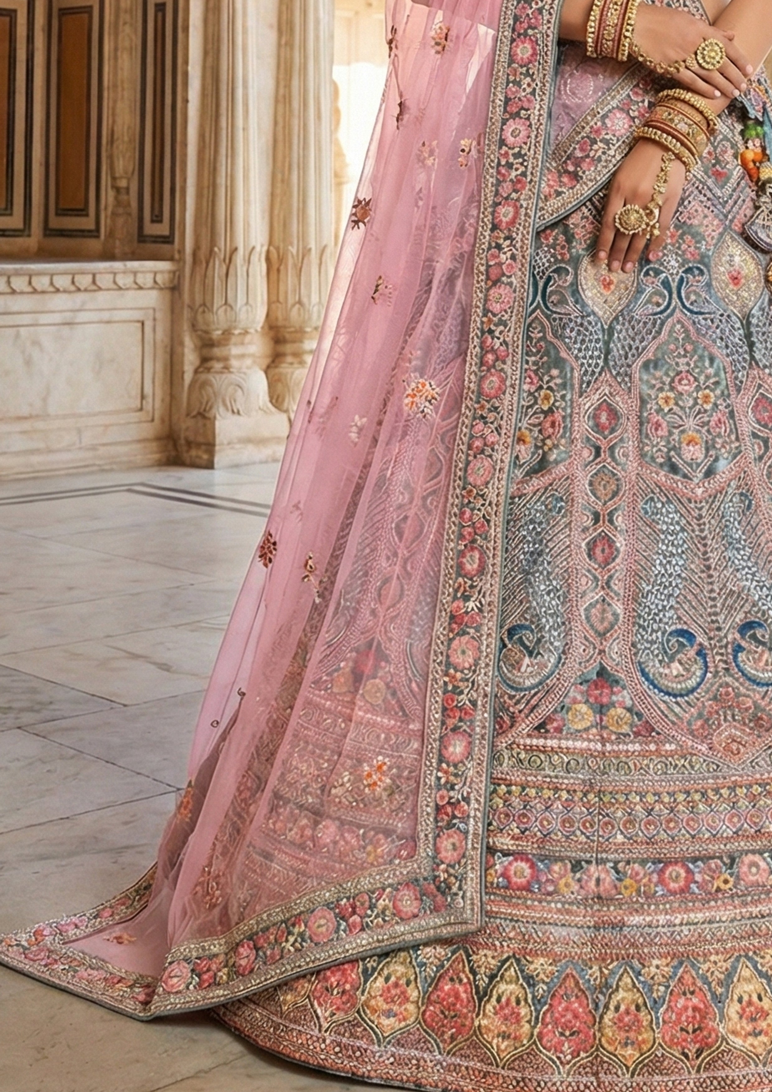 Teal Blush Embellished Premium Velvet Lehenga Set