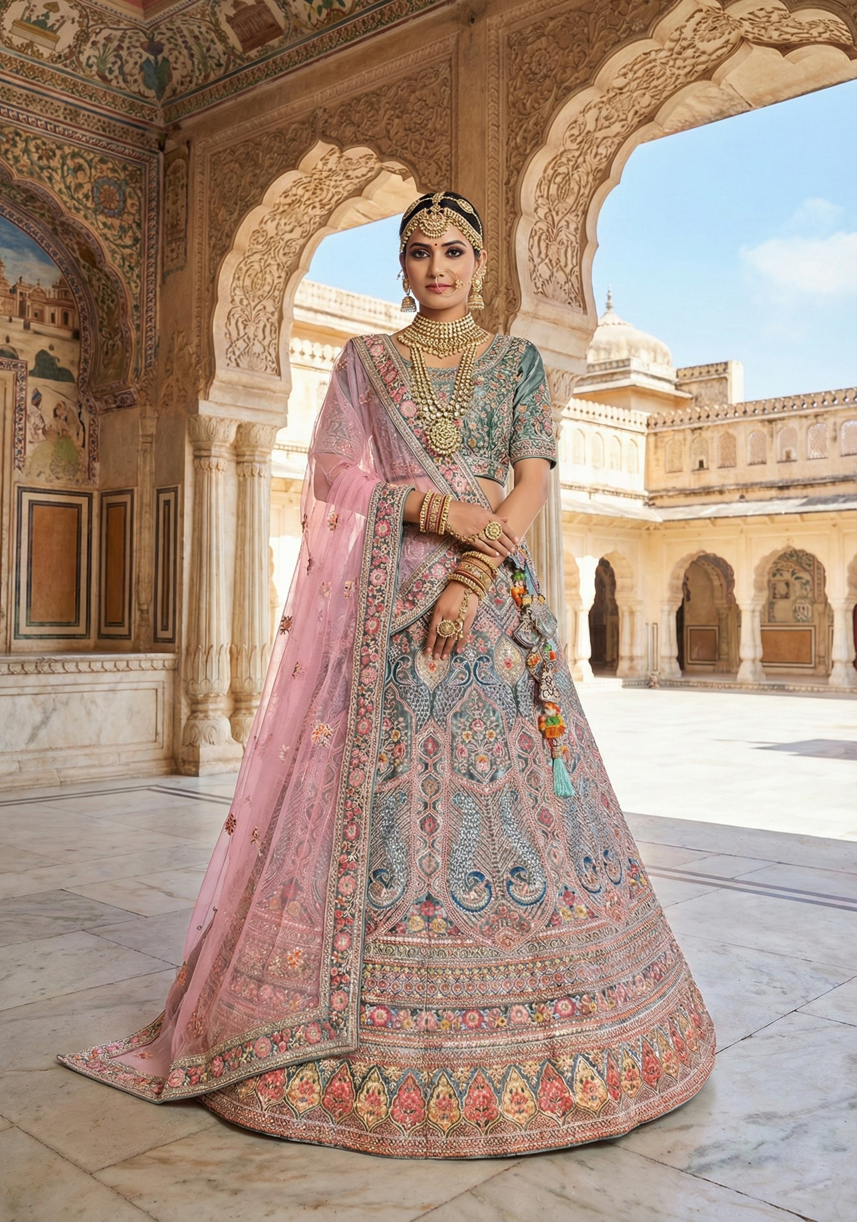 Teal Blush Embellished Premium Velvet Lehenga Set