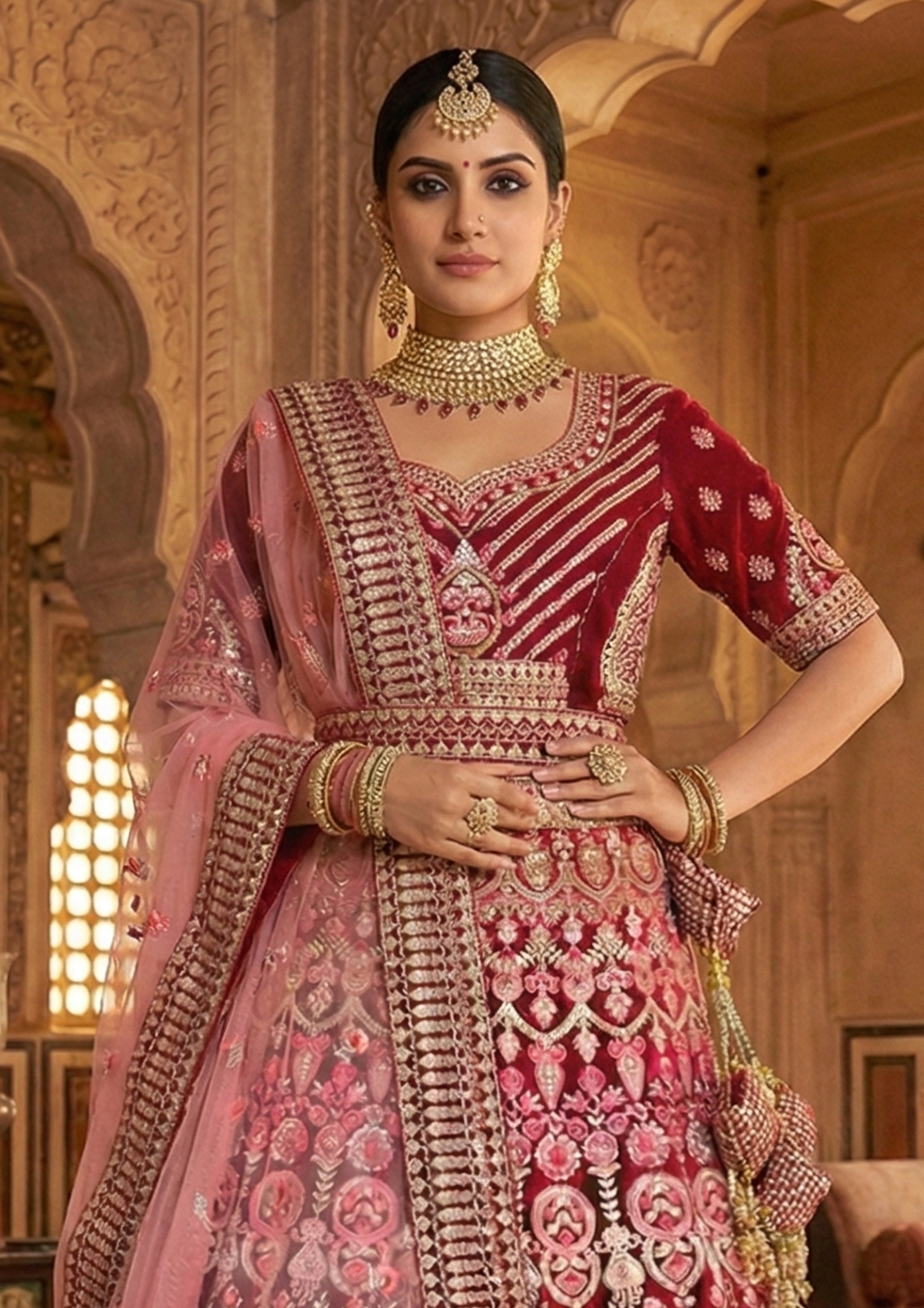 Rich Maroon Embellished Premium Velvet Lehenga Set