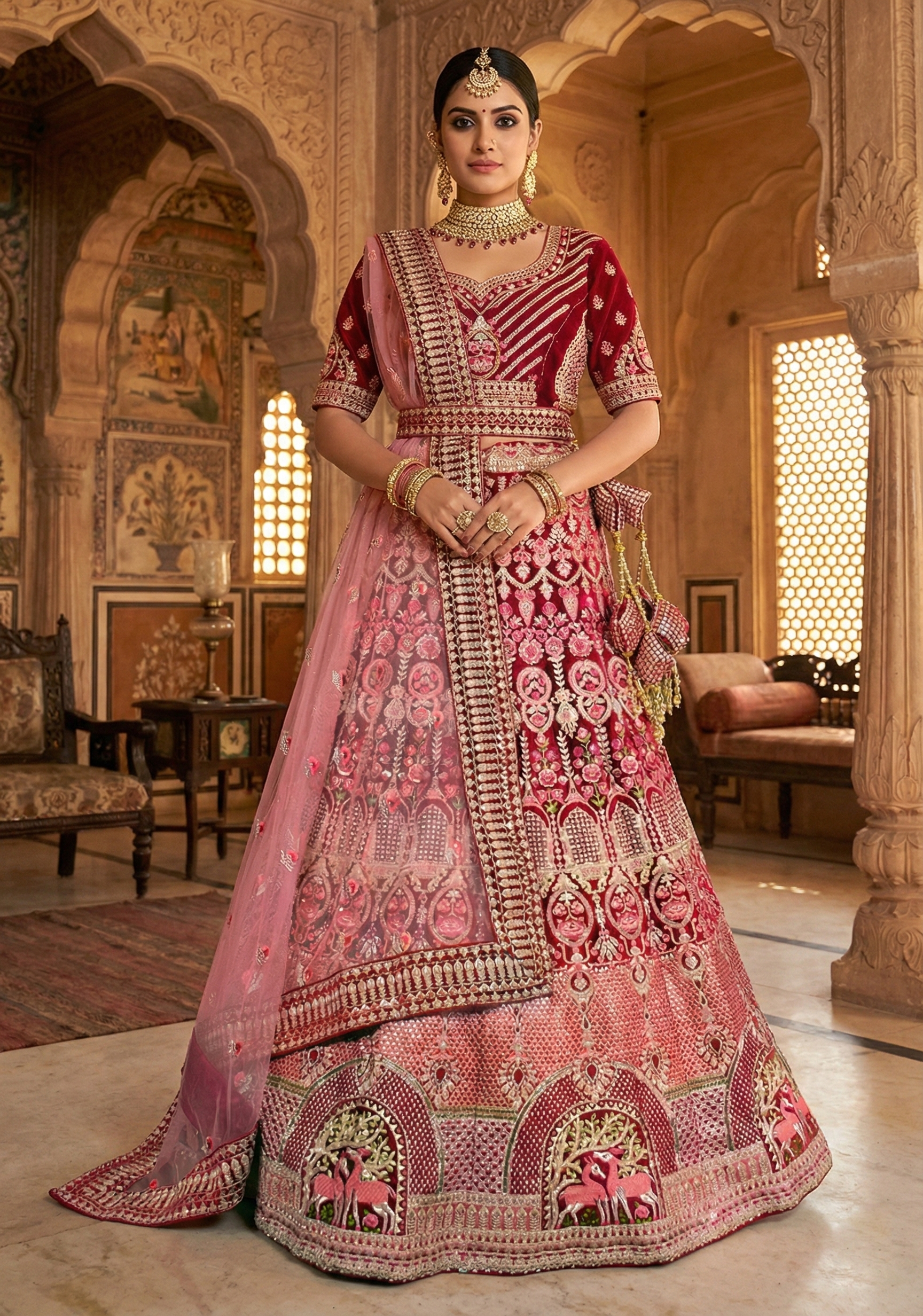 Rich Maroon Embellished Premium Velvet Lehenga Set