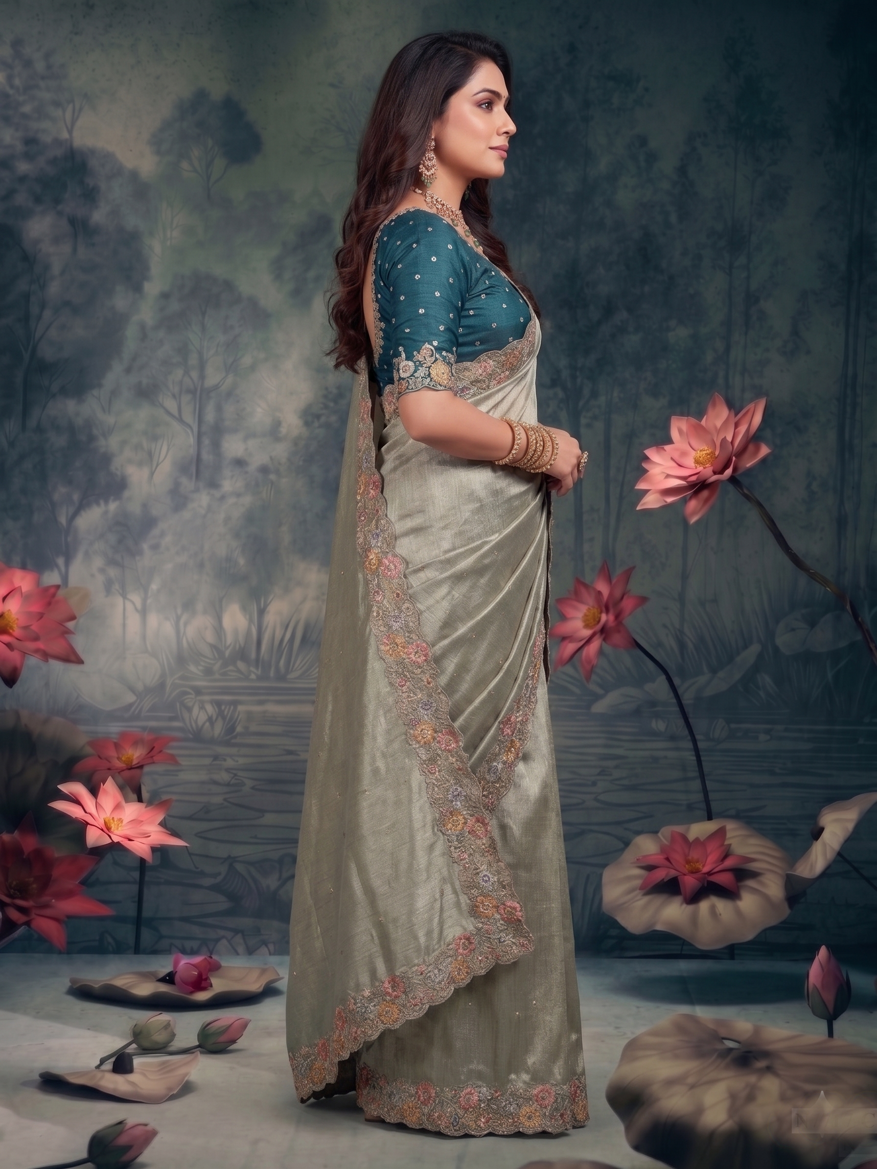 Silver Mist Embellished Tissue Silk Saree
