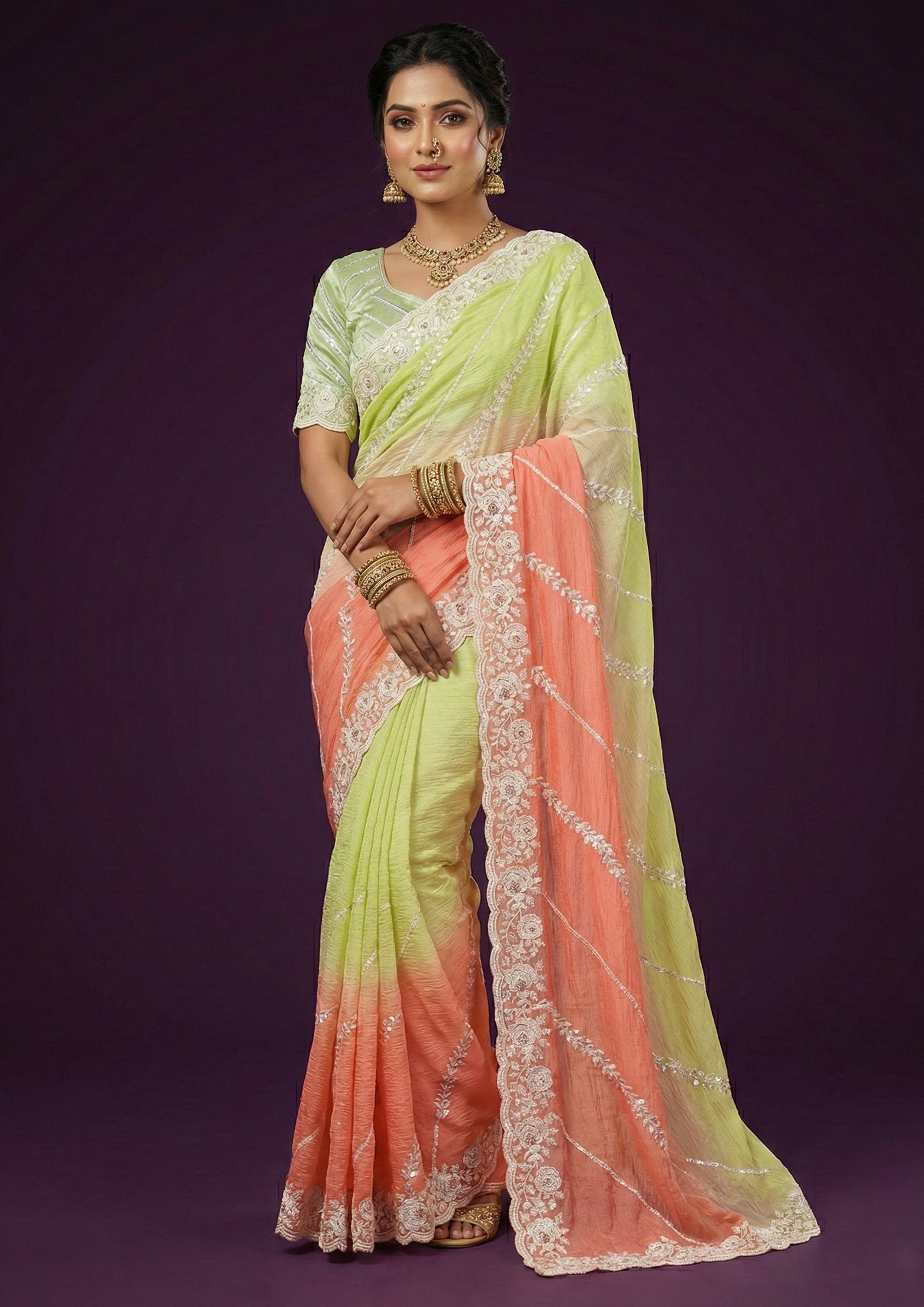 Lime & Peach Ombre Embellished Crushed Silk Saree