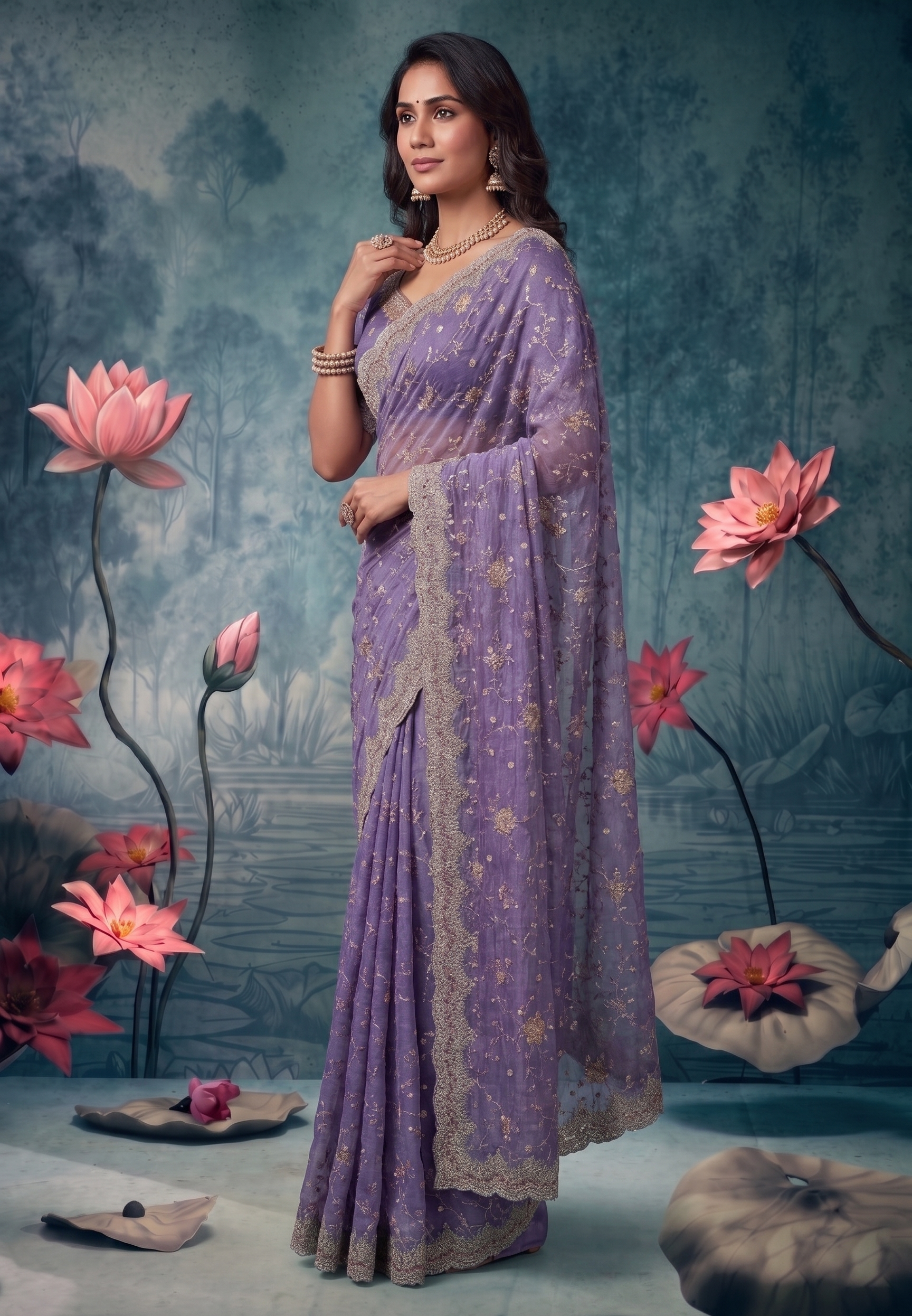 Lavish Lavender Embellished Premium Net Saree