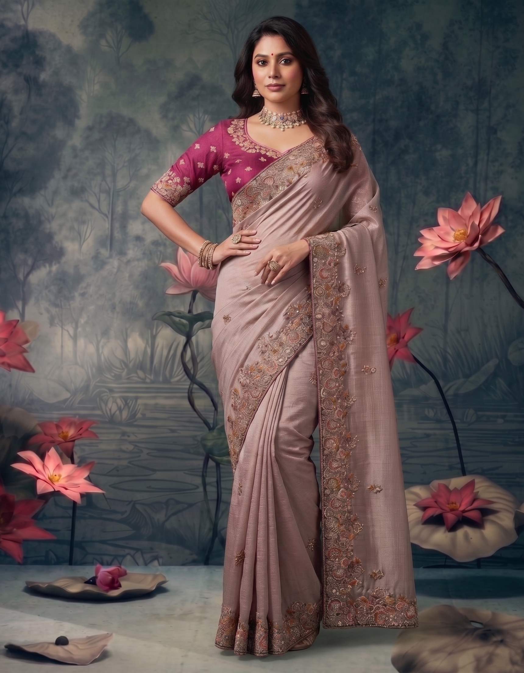 Mauve Dust Embellished Tissue Silk Saree