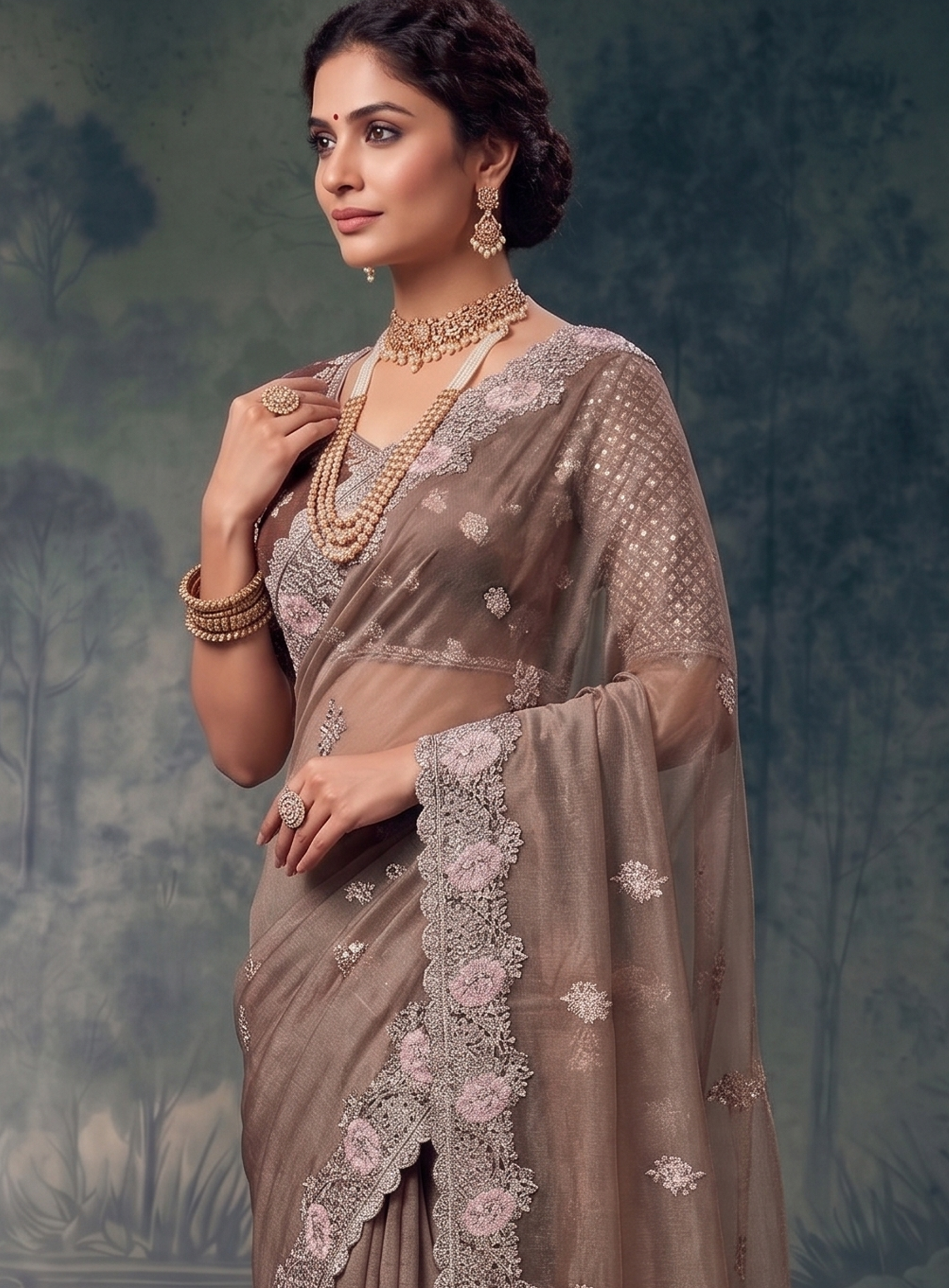Mocha Flora Embellished Organza Tissue Silk Saree