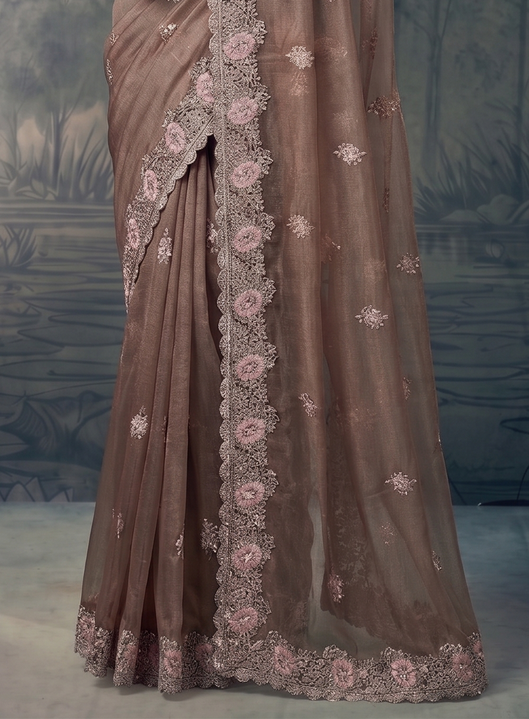 Mocha Flora Embellished Organza Tissue Silk Saree