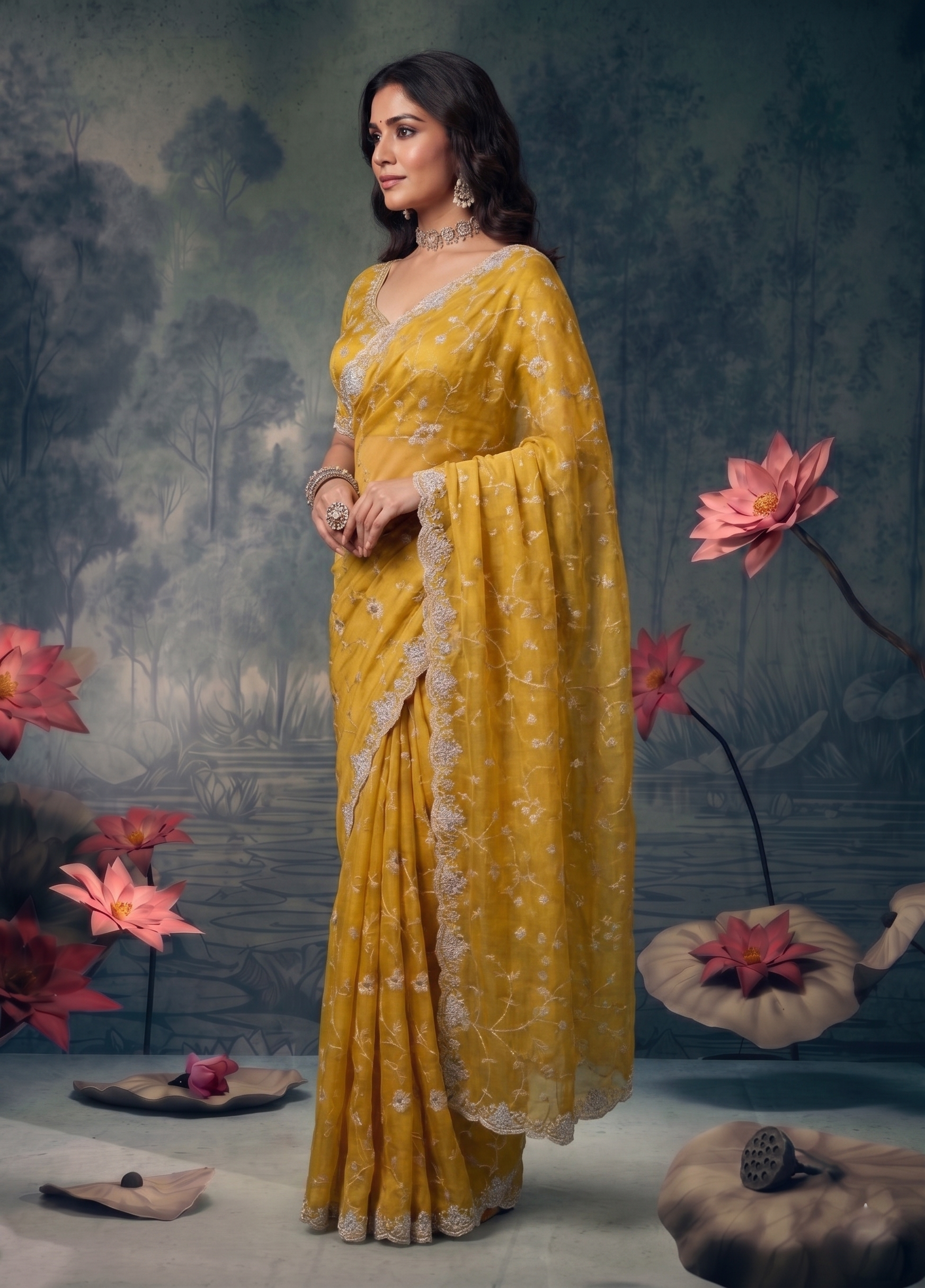 Mustard Yellow Embellished Organza Silk Saree