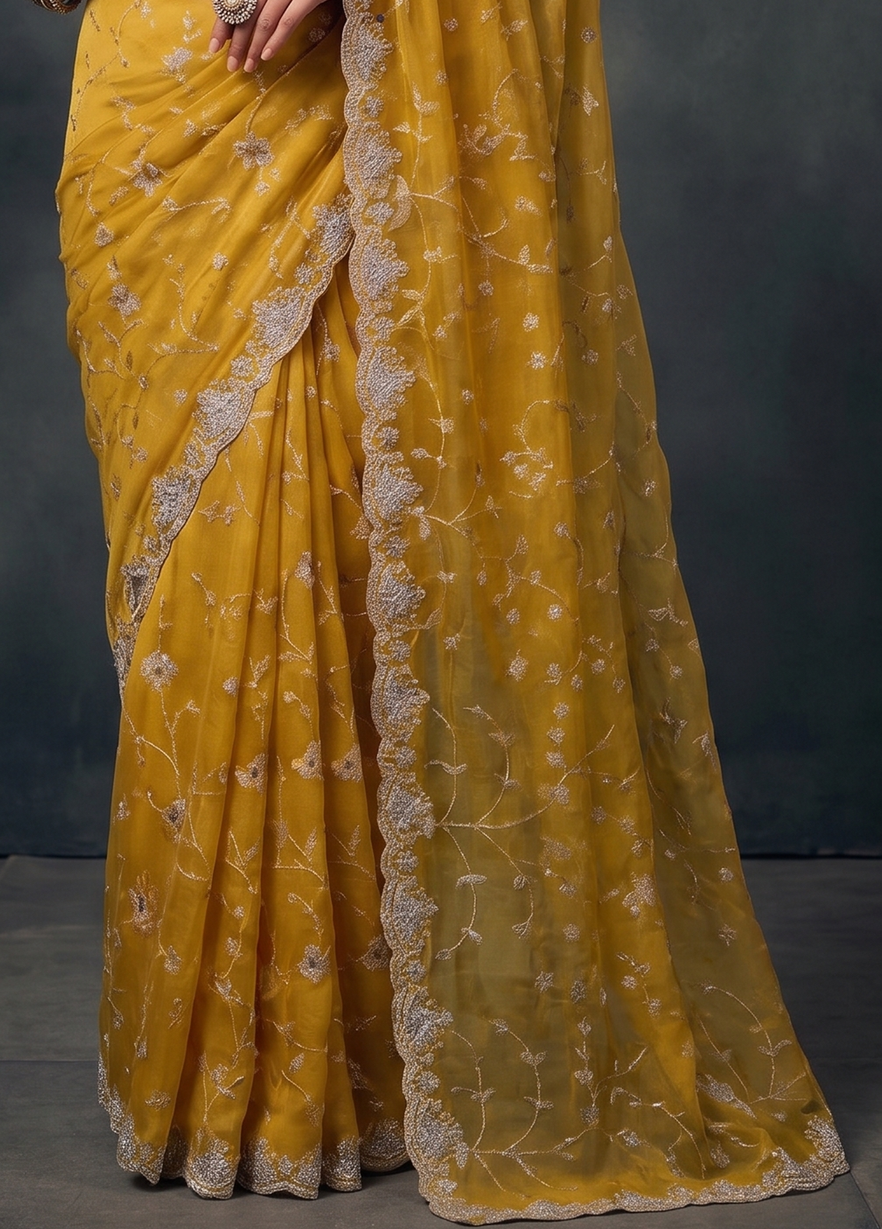 Mustard Yellow Embellished Organza Silk Saree