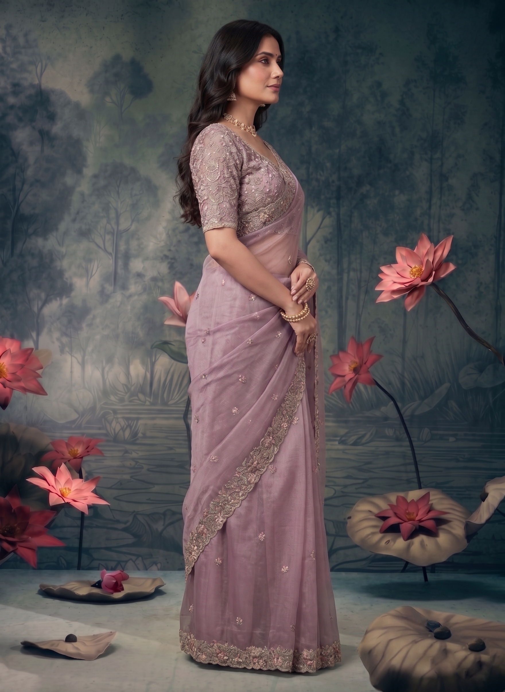 Pastel Orchid Embellished Organza Silk Saree