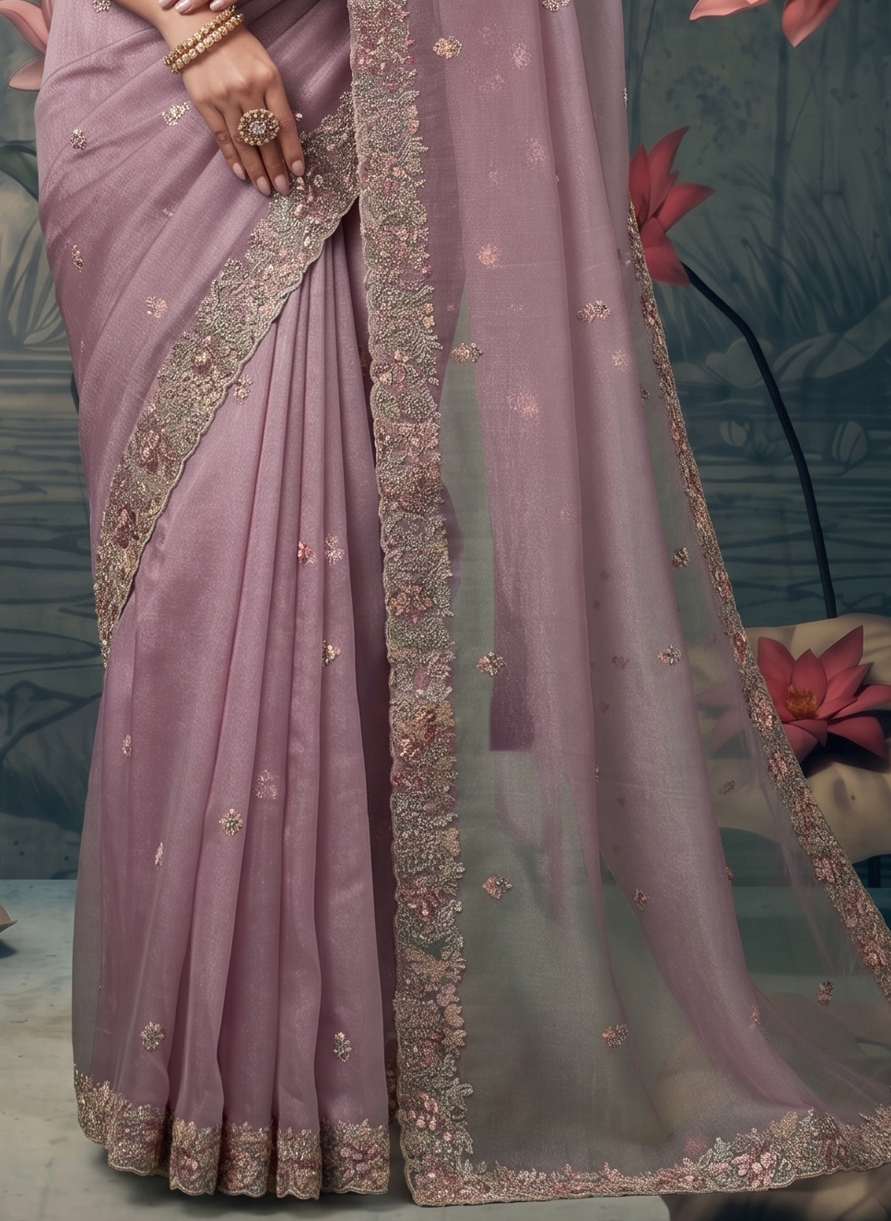 Pastel Orchid Embellished Organza Silk Saree