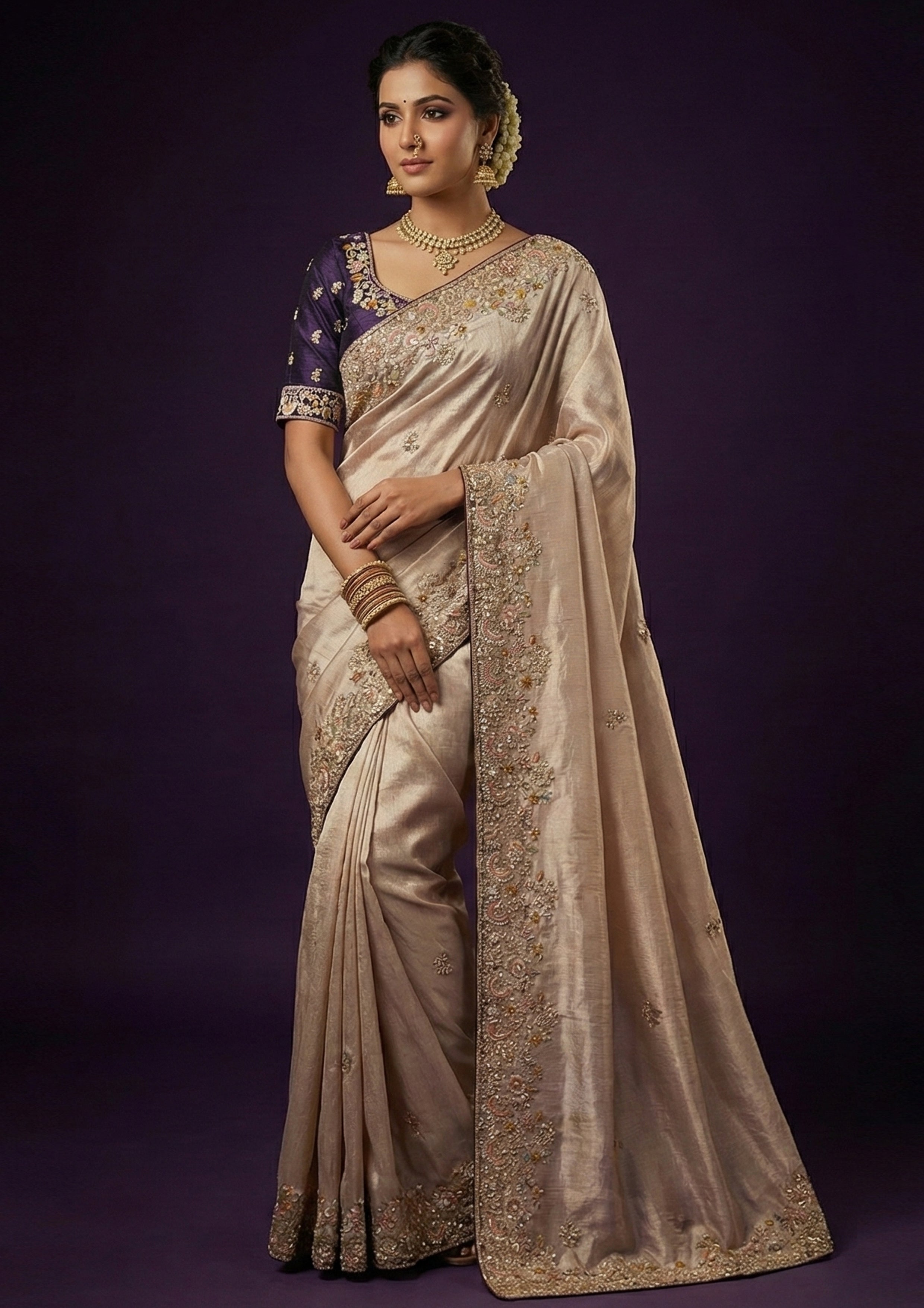 Champagne Gold Embellished Tissue Silk Saree