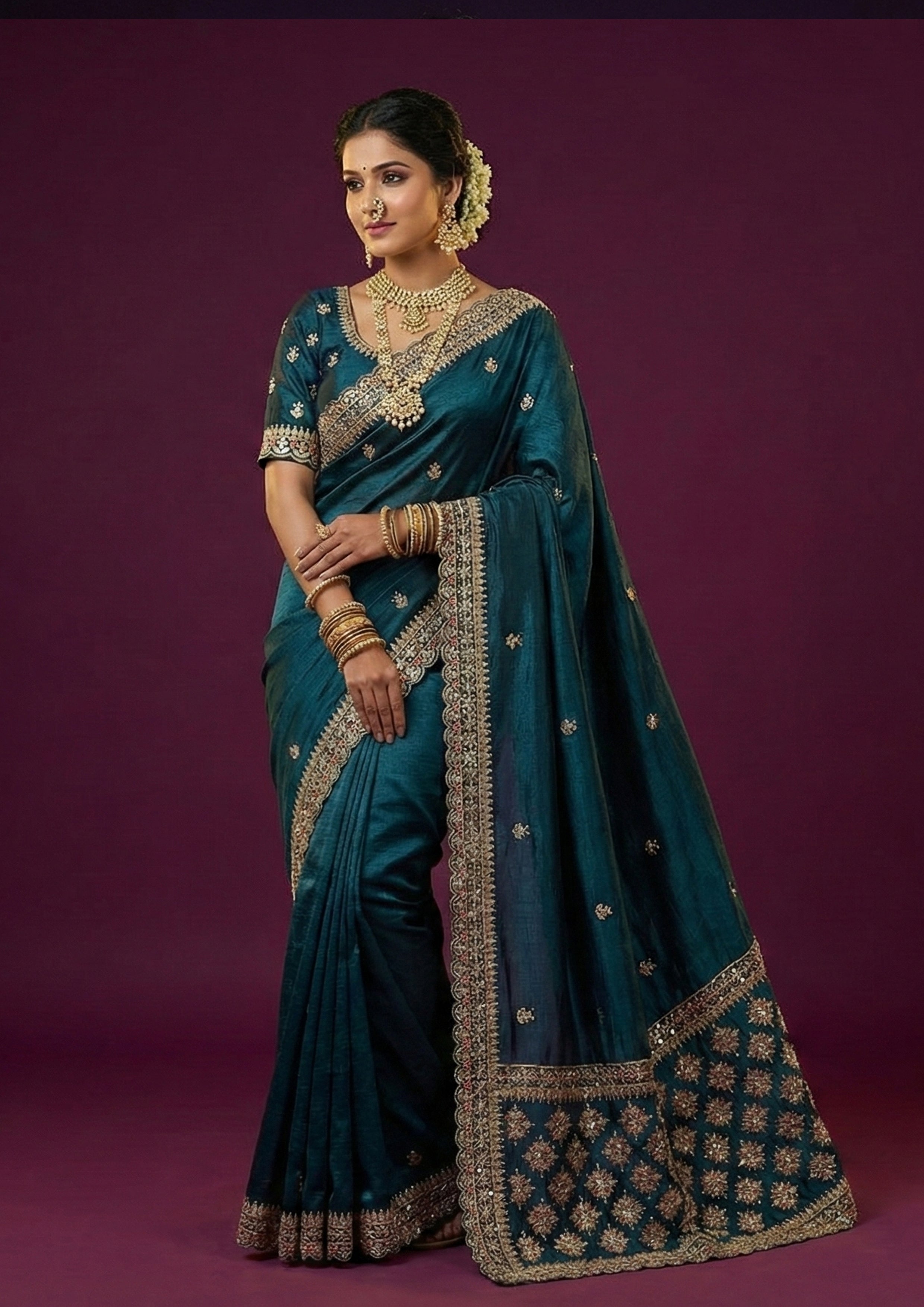 Deep Peacock Blue Embellished Tissue Silk Saree