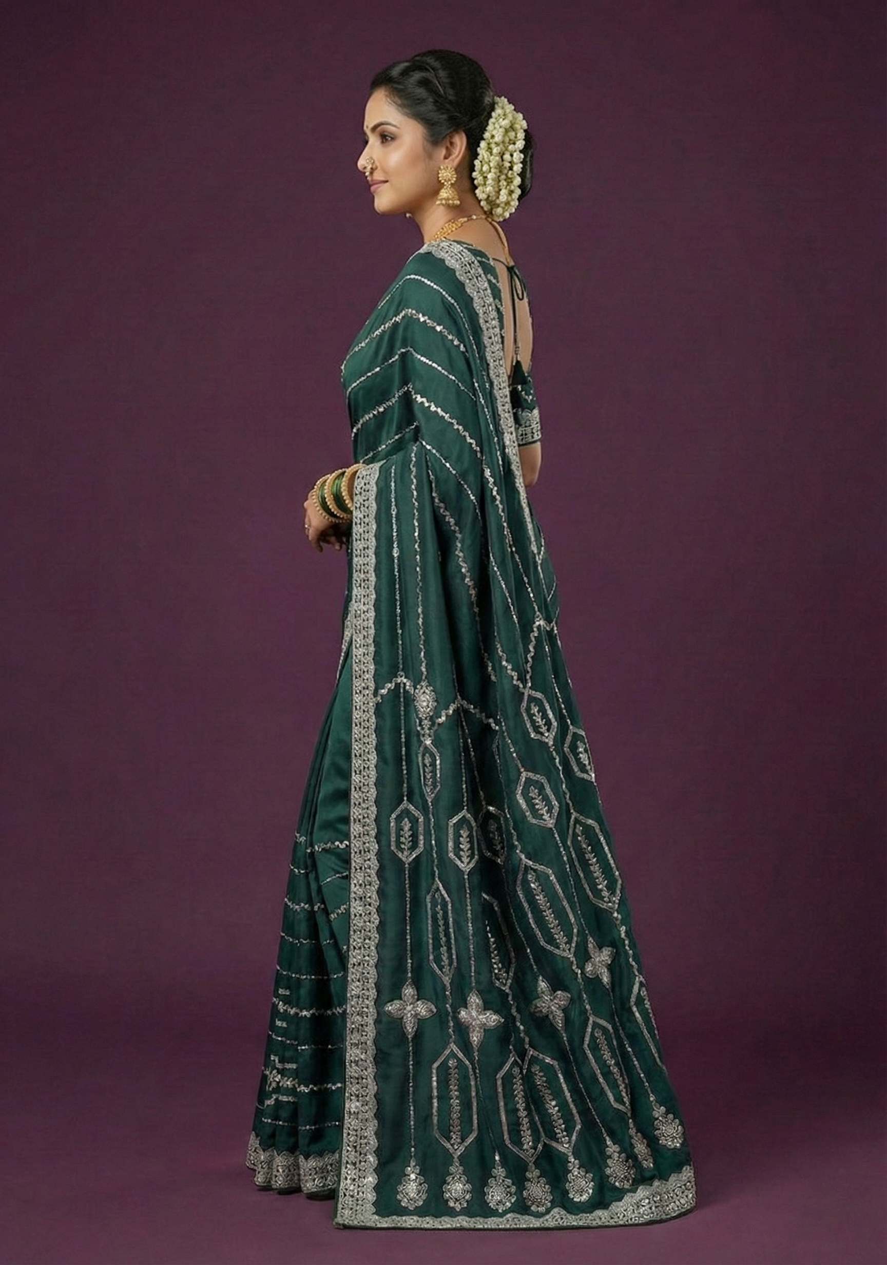 Emerald Green Embellished Satin Silk Saree