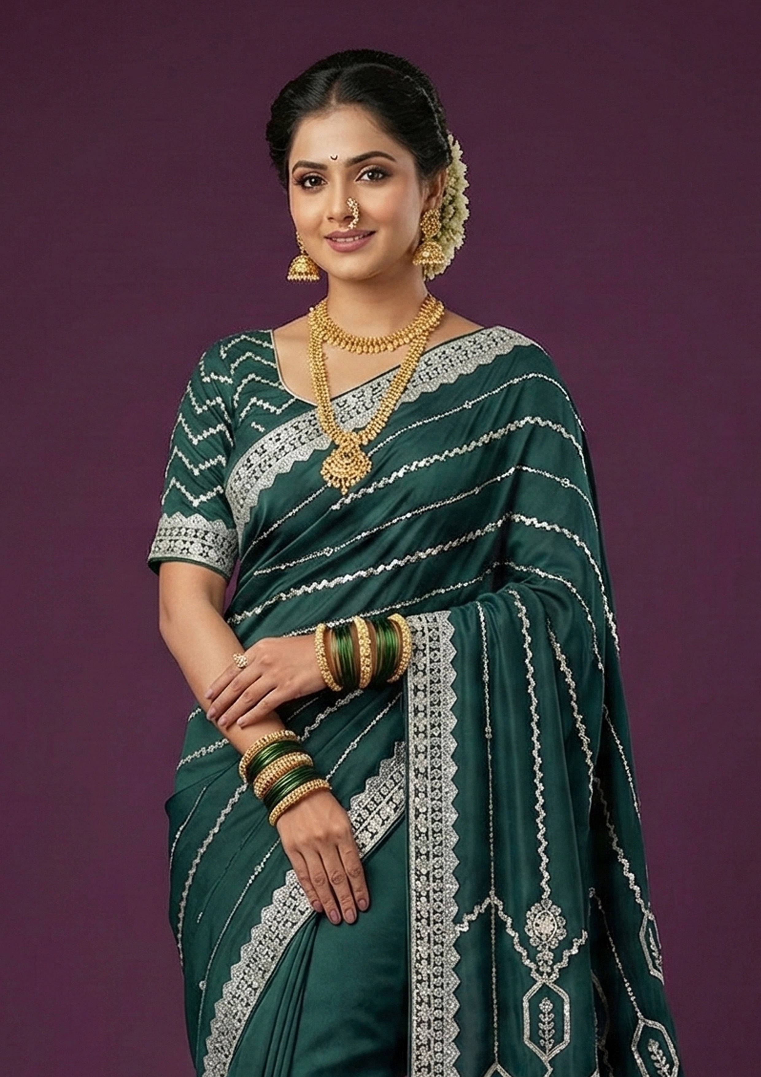 Emerald Green Embellished Satin Silk Saree