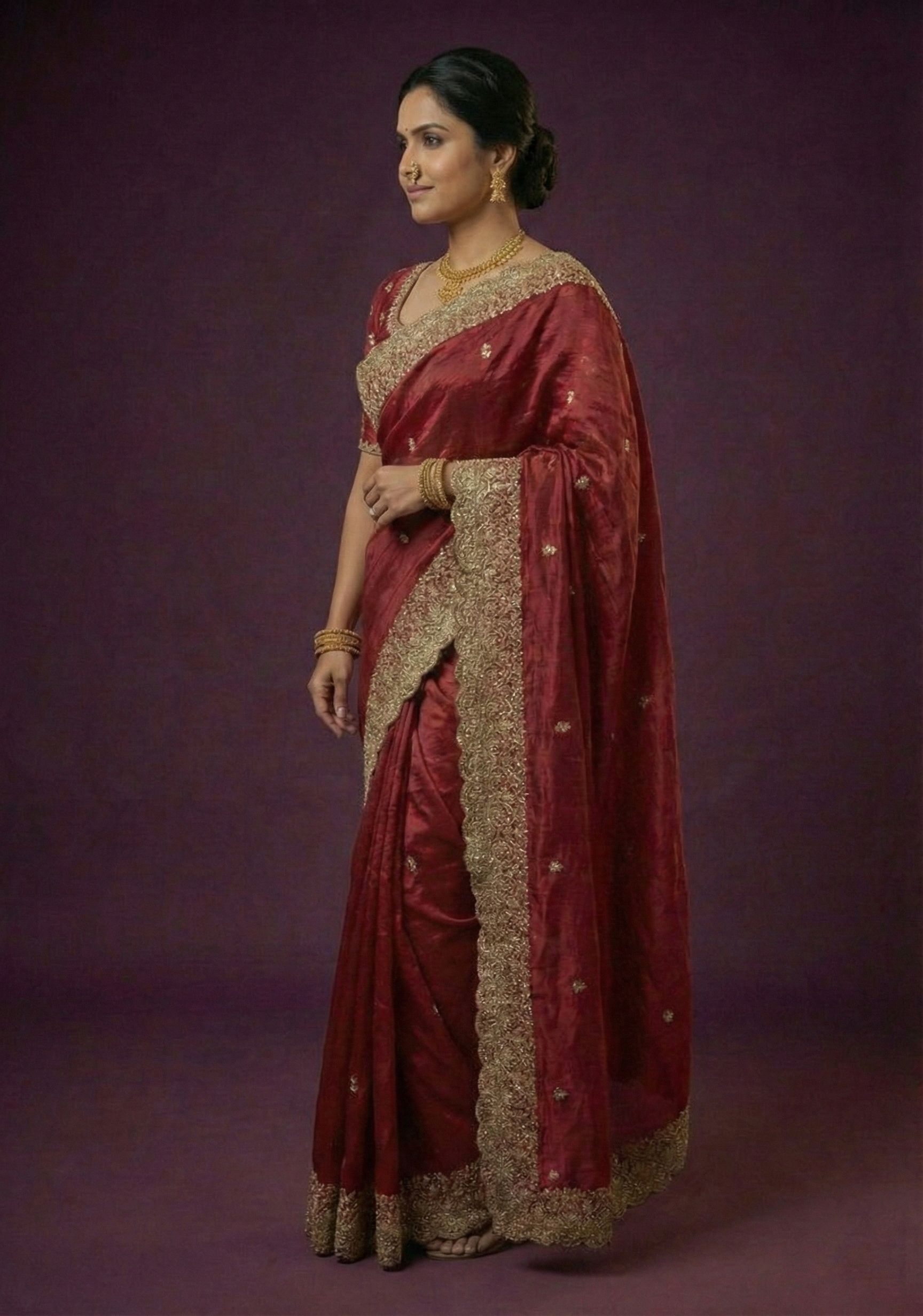 Ruby Red Embroidered Satin Silk Saree