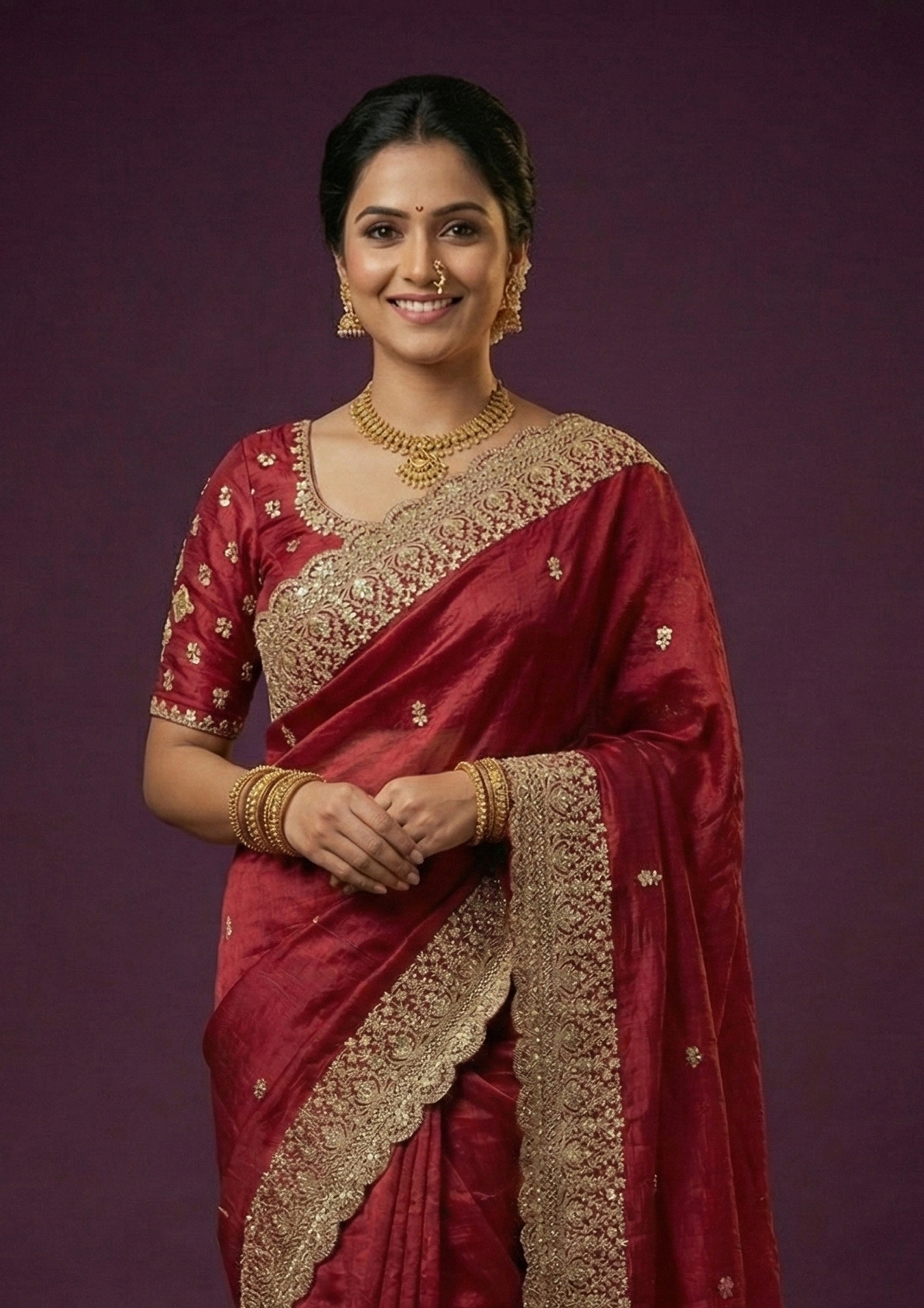 Ruby Red Embroidered Satin Silk Saree