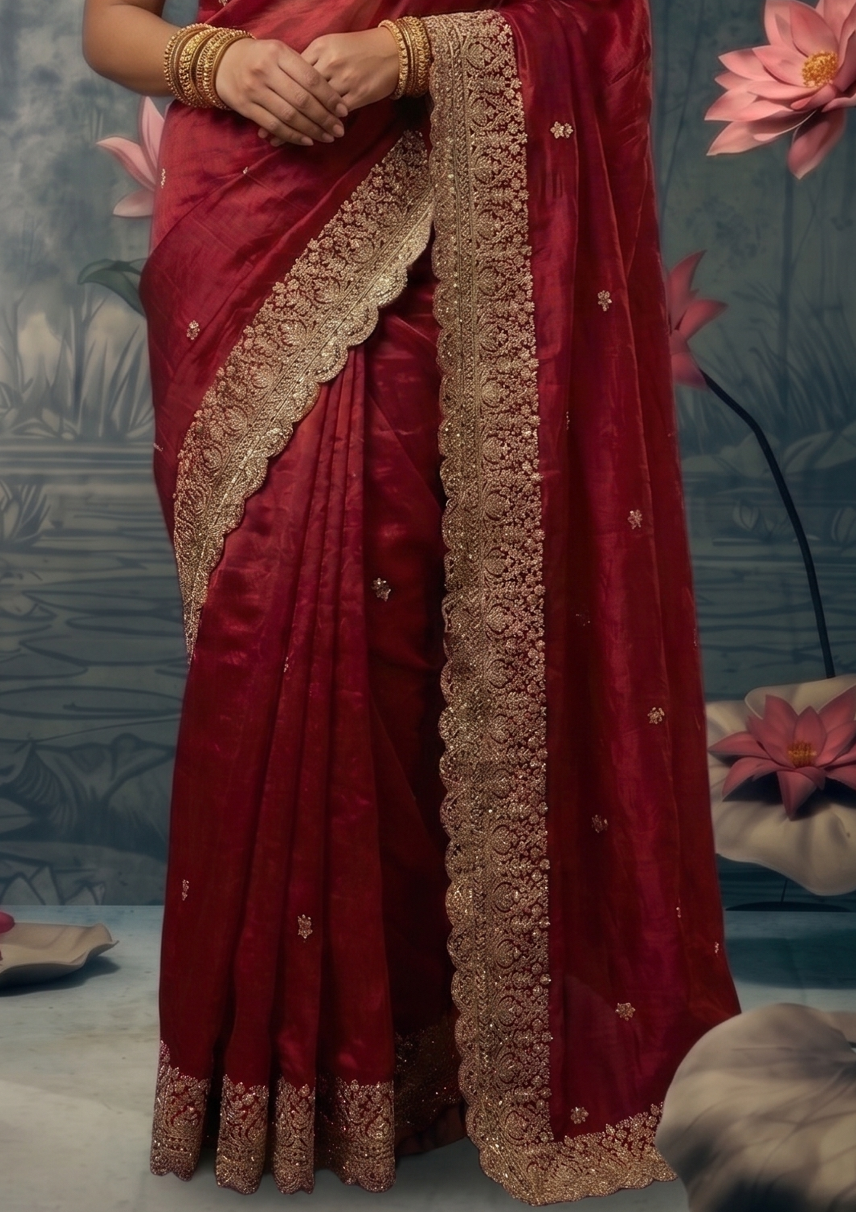 Crimson Heritage Embellished Satin Silk Saree