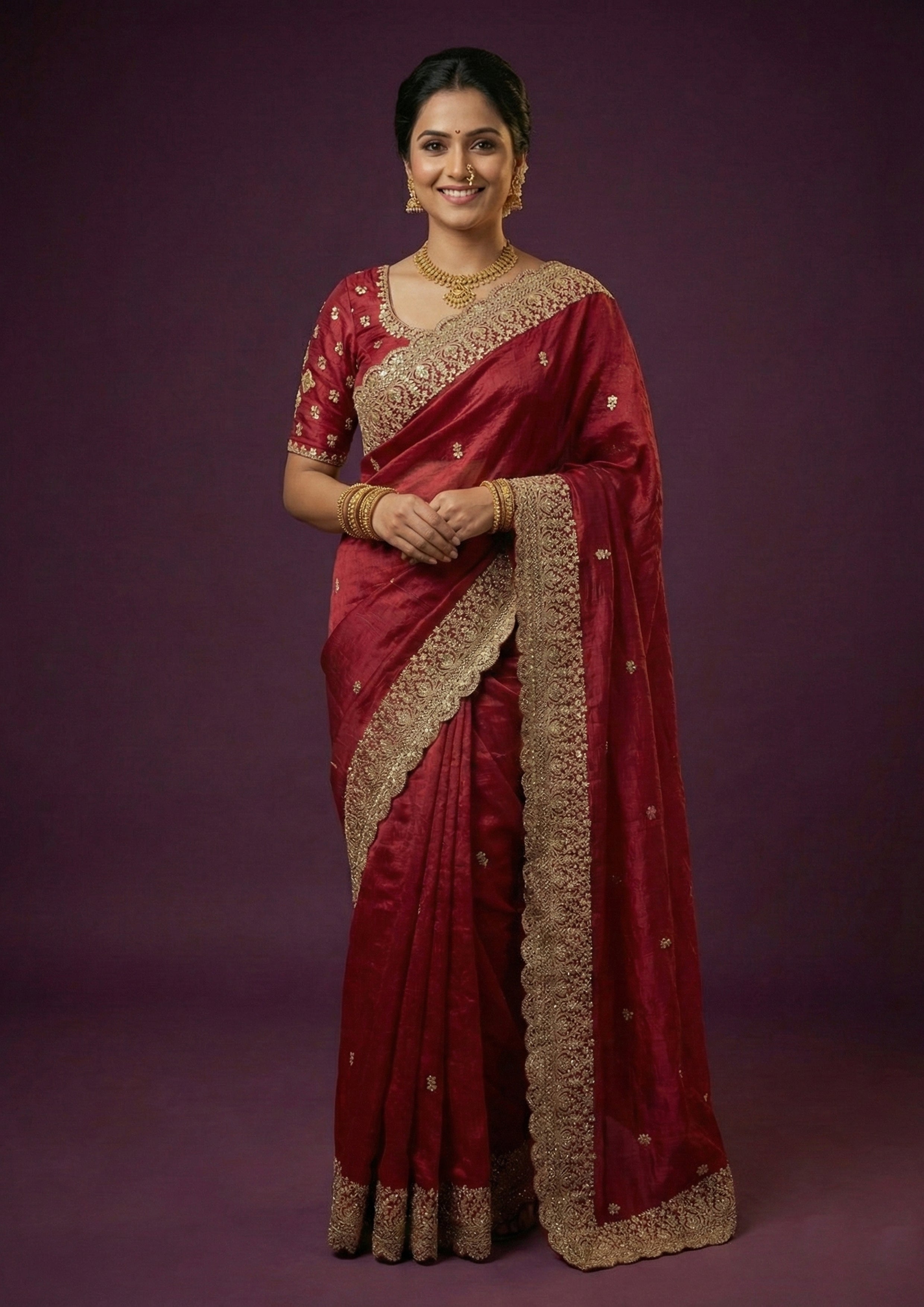 Ruby Red Embroidered Satin Silk Saree