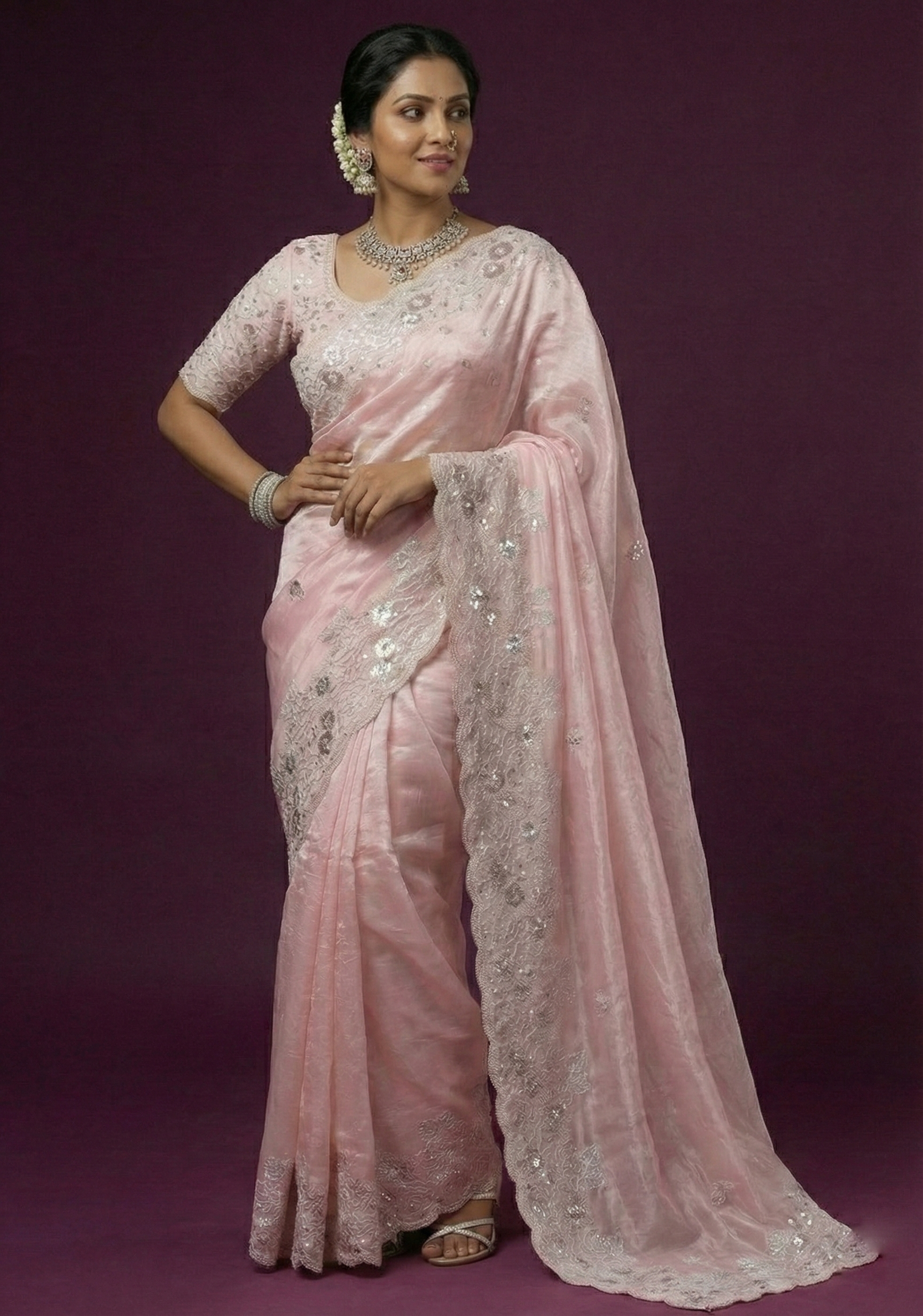 Rose Quartz Embellished Premium Net Saree