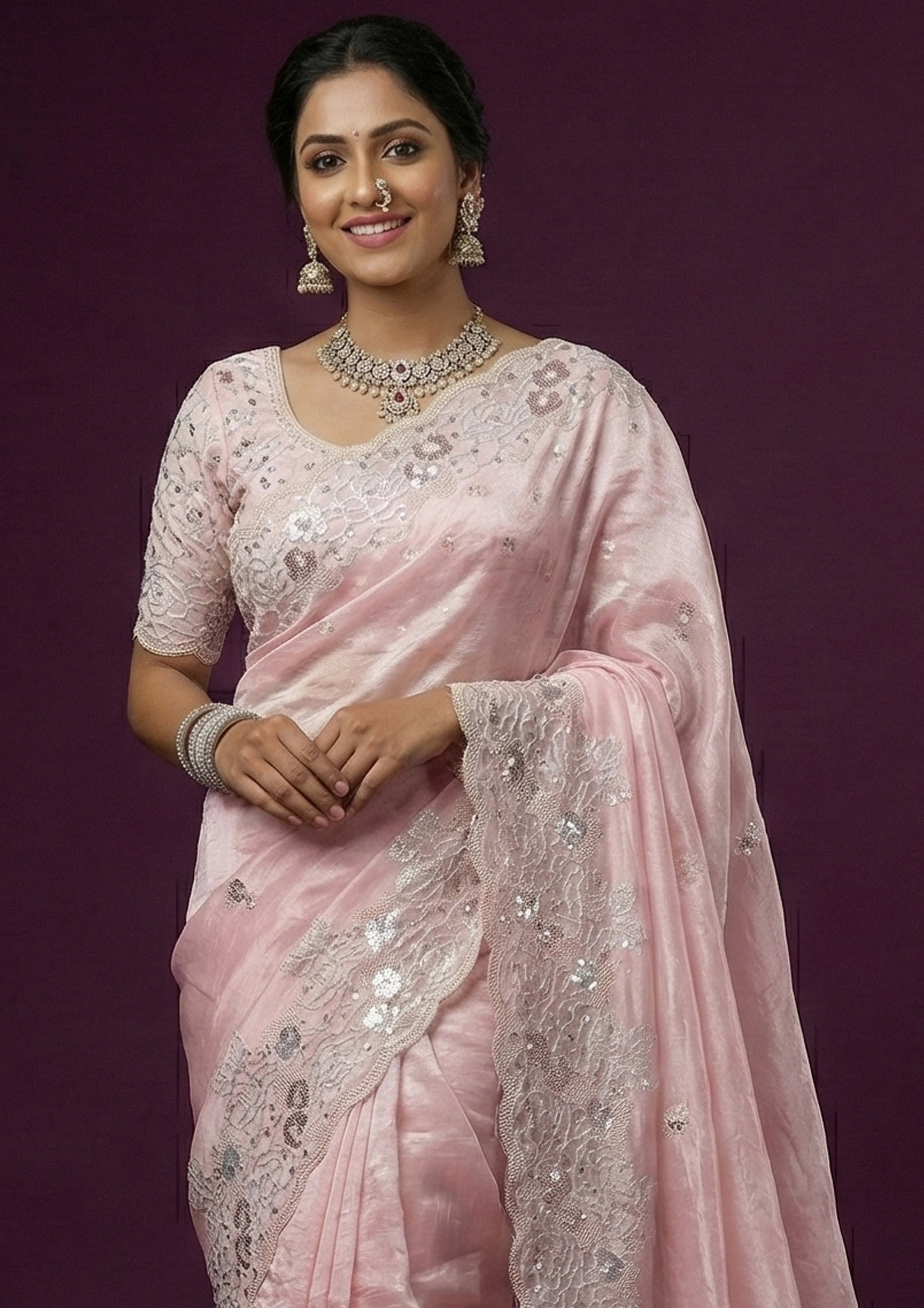 Rose Quartz Embellished Premium Net Saree