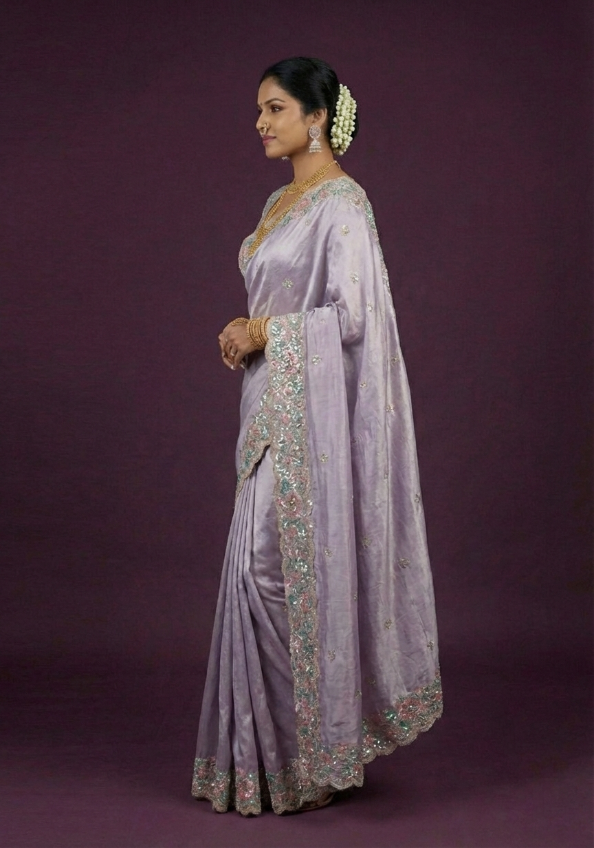 Pastel Lilac Embellished Tissue Silk Saree