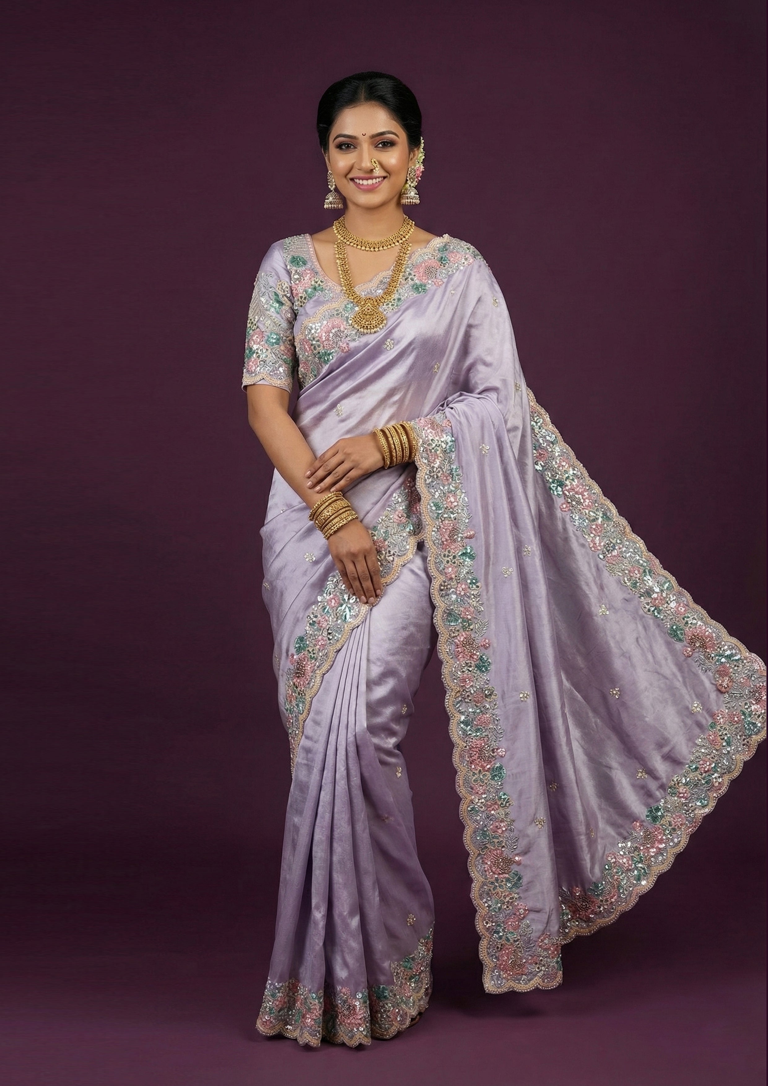 Pastel Lilac Embellished Tissue Silk Saree