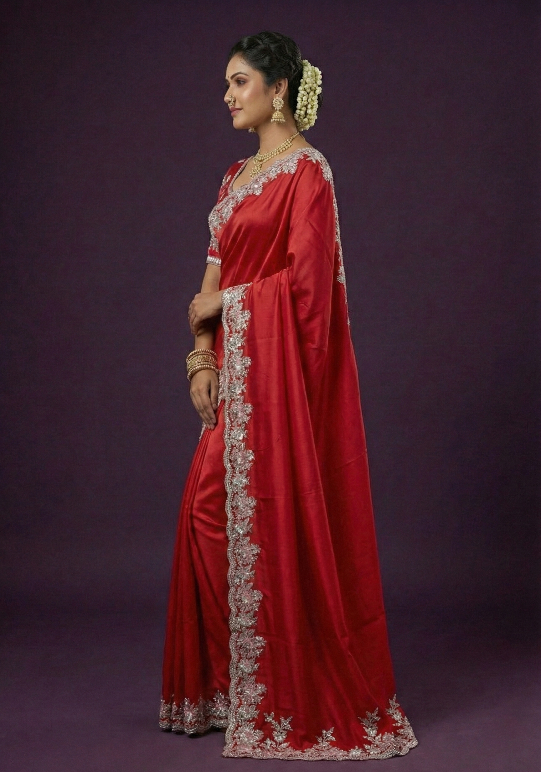 Chilli Red Embellished Soft Satin Tissue Silk Saree
