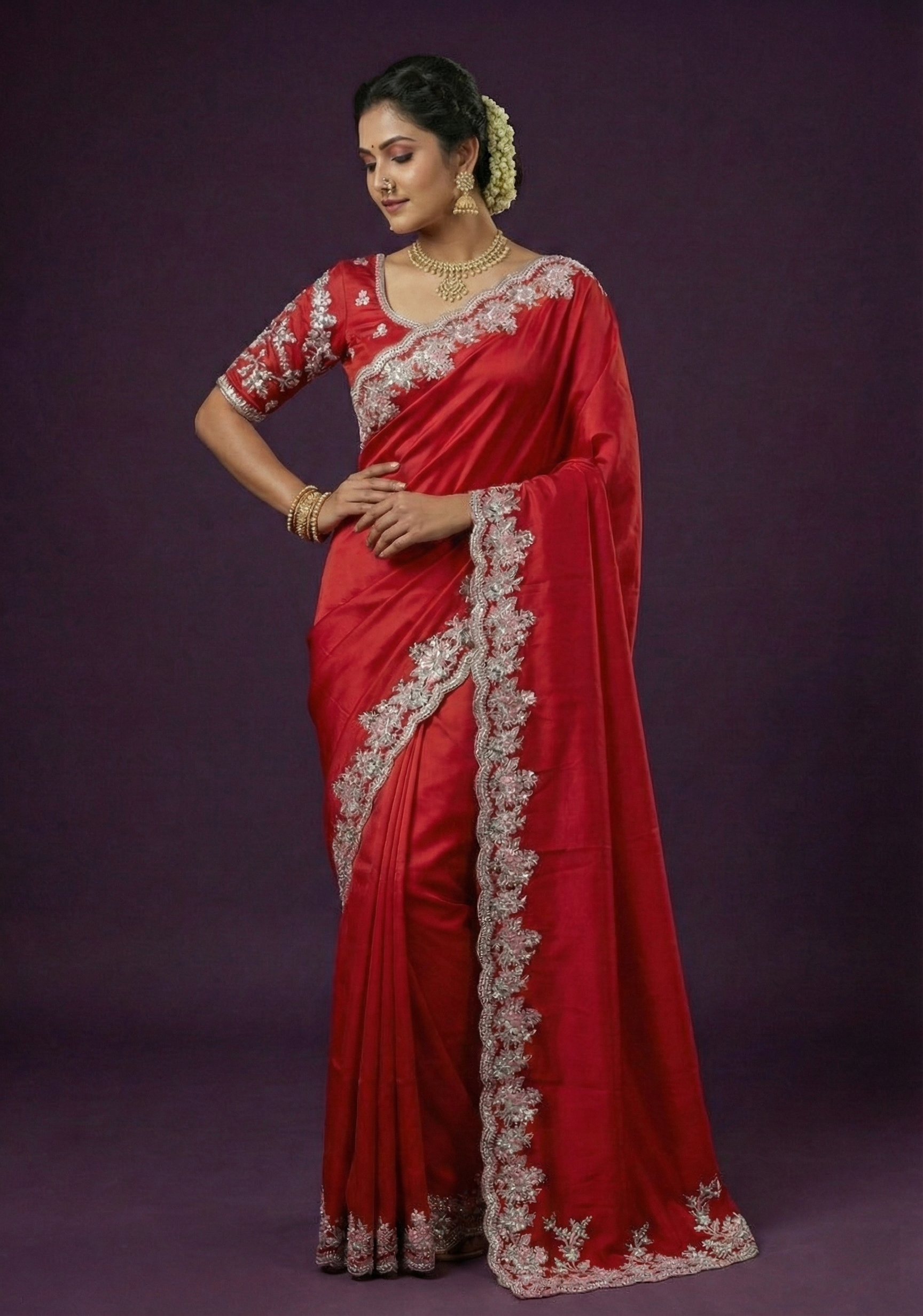 Chilli Red Embellished Soft Satin Tissue Silk Saree