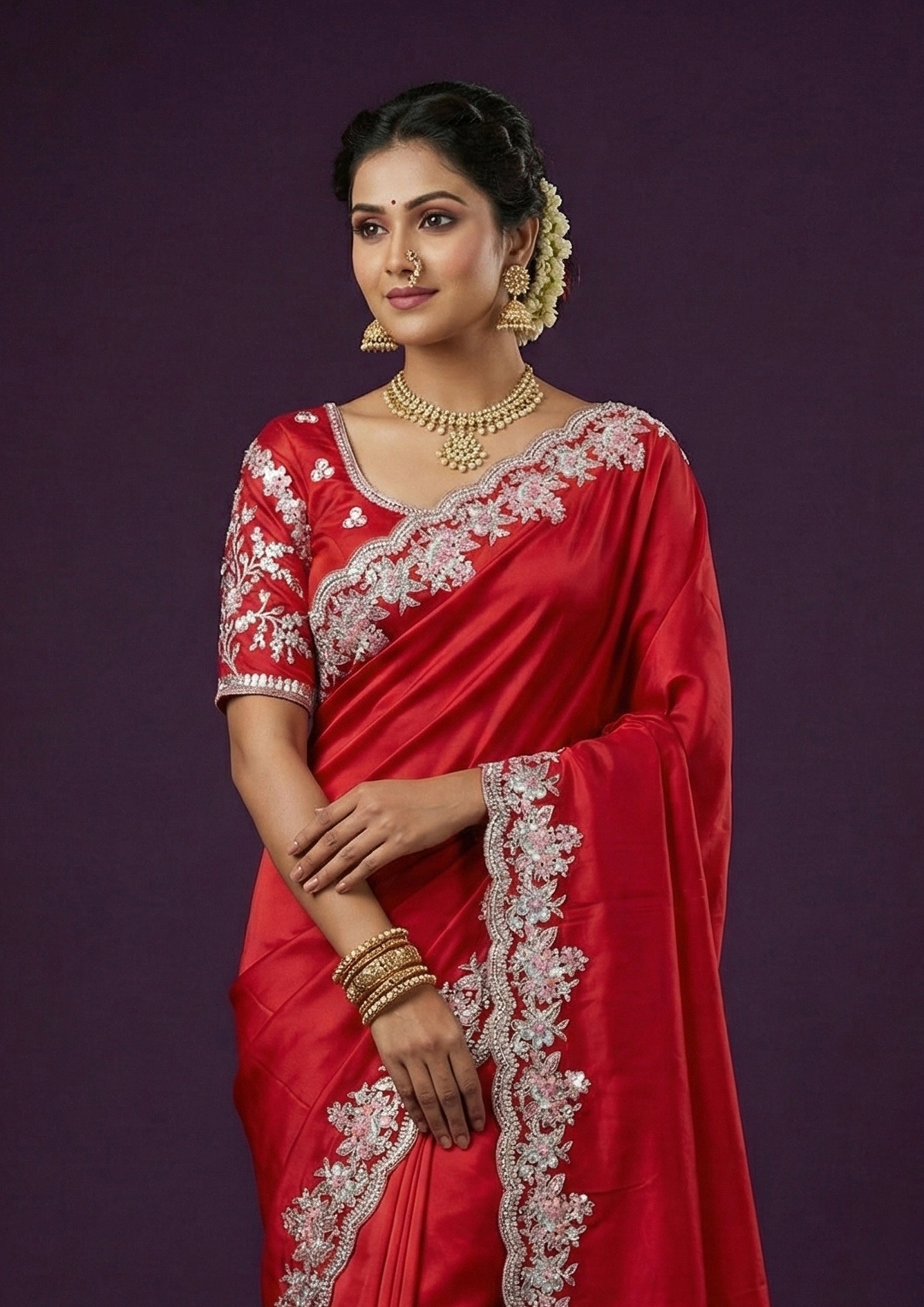 Chilli Red Embellished Soft Satin Tissue Silk Saree